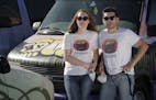 Haley Kirk, left, and Omar Bendezœ, owners of Ondevan, a company that provides camper vans to tourists to travel around the U.S., on May 5, 2020, in 