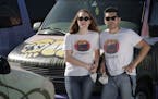 Haley Kirk, left, and Omar Bendezœ, owners of Ondevan, a company that provides camper vans to tourists to travel around the U.S., on May 5, 2020, in 