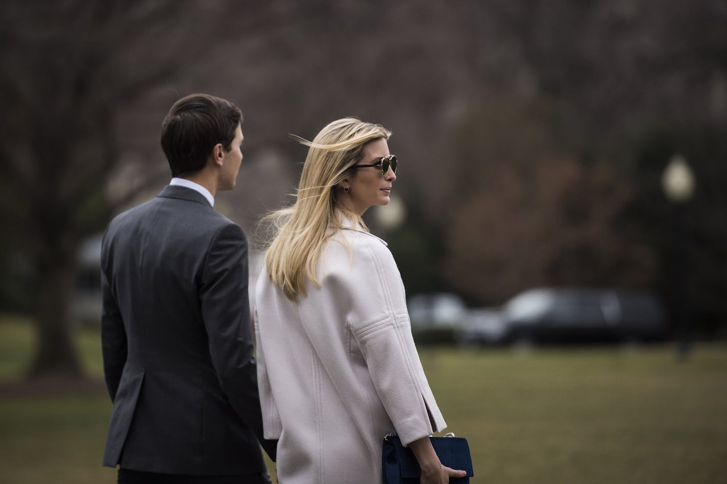 White House senior adviser Jared Kushner and his wife, Ivanka Trump, walk to Marine One on the South Lawn of the White House on Feb. 10.