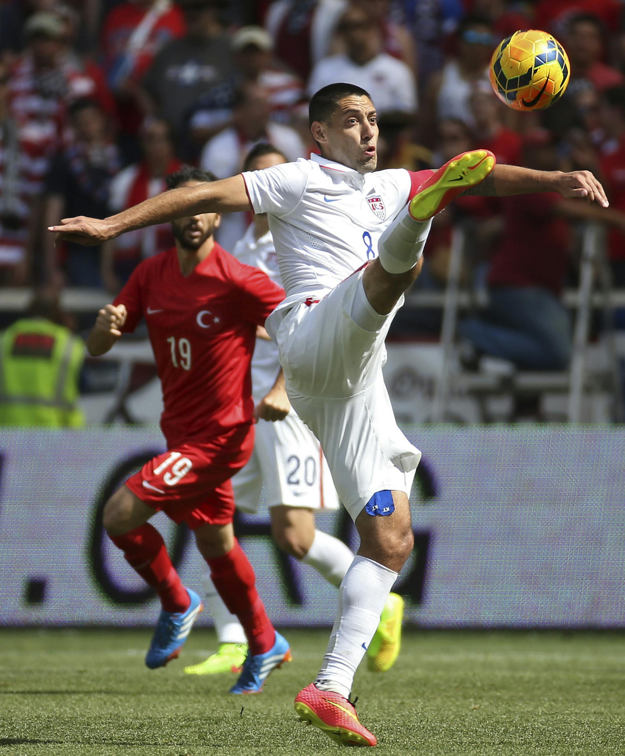 U.S. midfielder Clint Dempsey (8) tries to control a high ball during a send-off series game against Turkey at Red Bull Arena in Harrison, N.J., June 1, 2014. The U.S. won 2-1 in the warm-up for World Cup play. (Chang W. Lee/The New York Times)