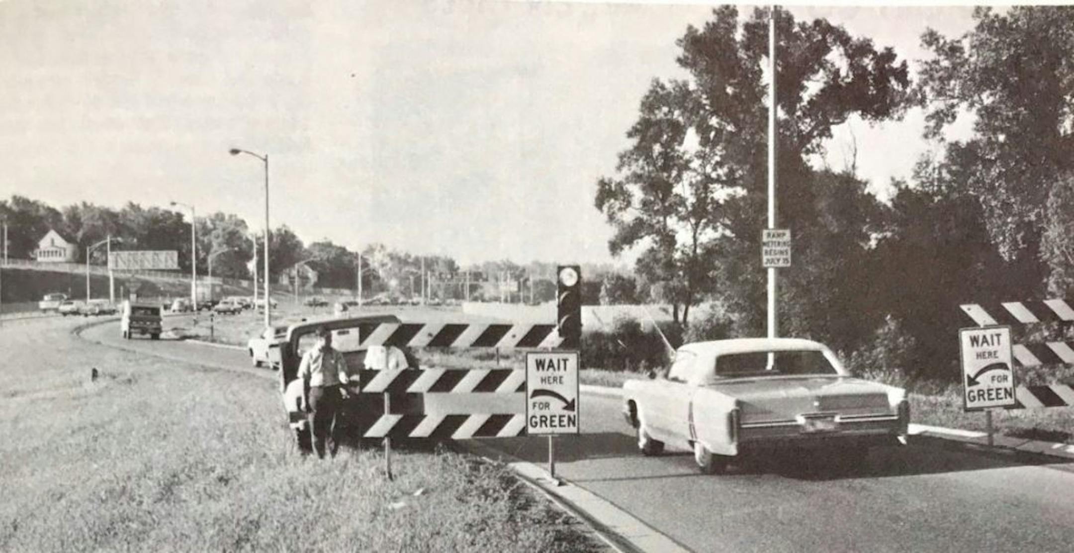 One of the first ramp meters appeared on I-35E at Maryland Avenue in 1969 as part of a test MnDOT conducted to see if they might help relieve congestion.