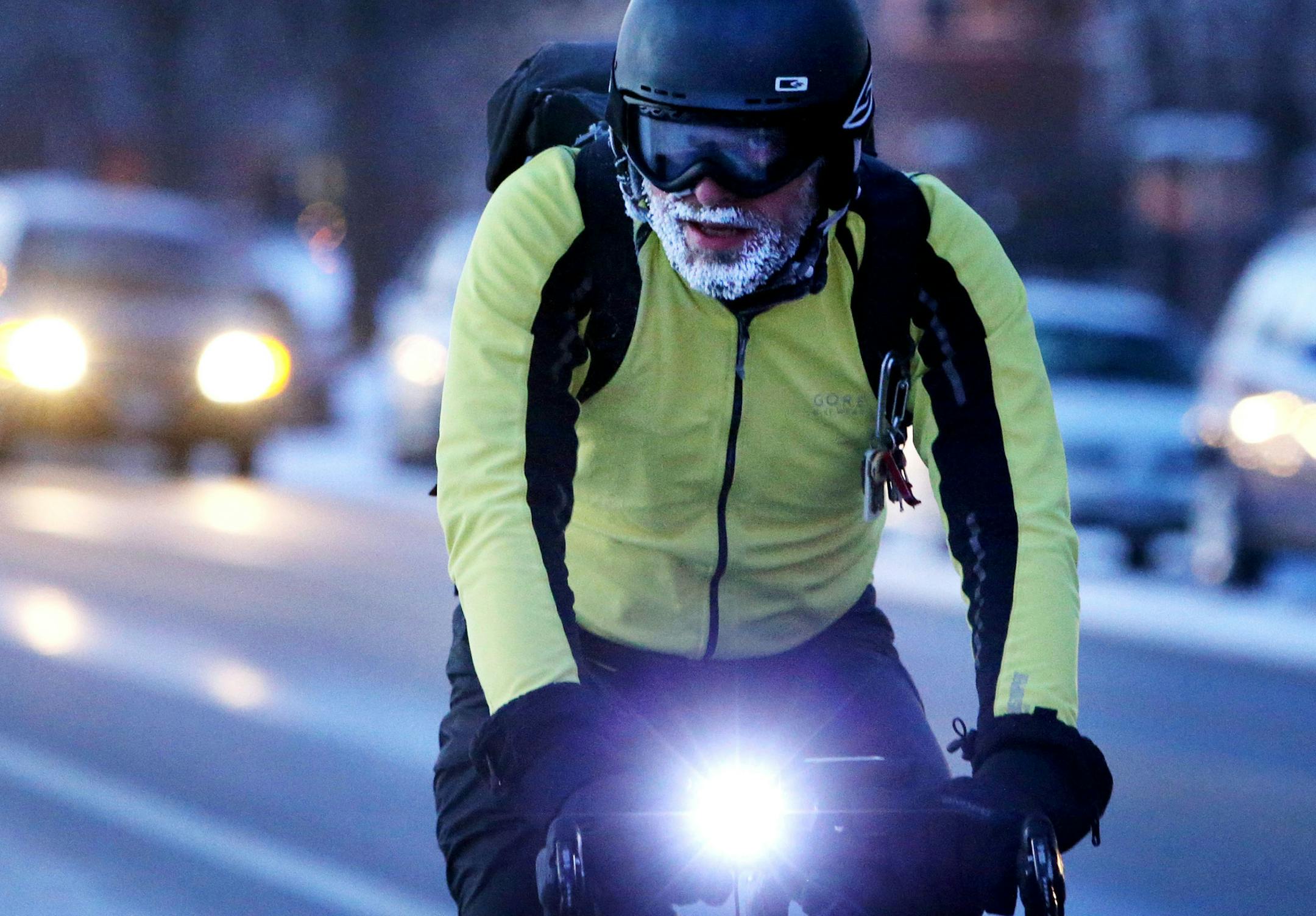 A bike commuter had a frosted beard while commuting into downtown Minneapolis, MN, Tuesday, Jan. 12,2015.](DAVID JOLES/STARTRIBUNE)djoles@startribune.com Cold temps and strong winds made for bitterly cold temps in and around the Twin Cities with wind chill in the minus 20 degrees or colder at times.