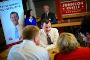 Jeff Johnson greeted supporters at a fundraiser at the Day Block Brewing Co in Minneapolis. July 8, 2014 ] GLEN STUBBE * gstubbe@startribune.com ORG X