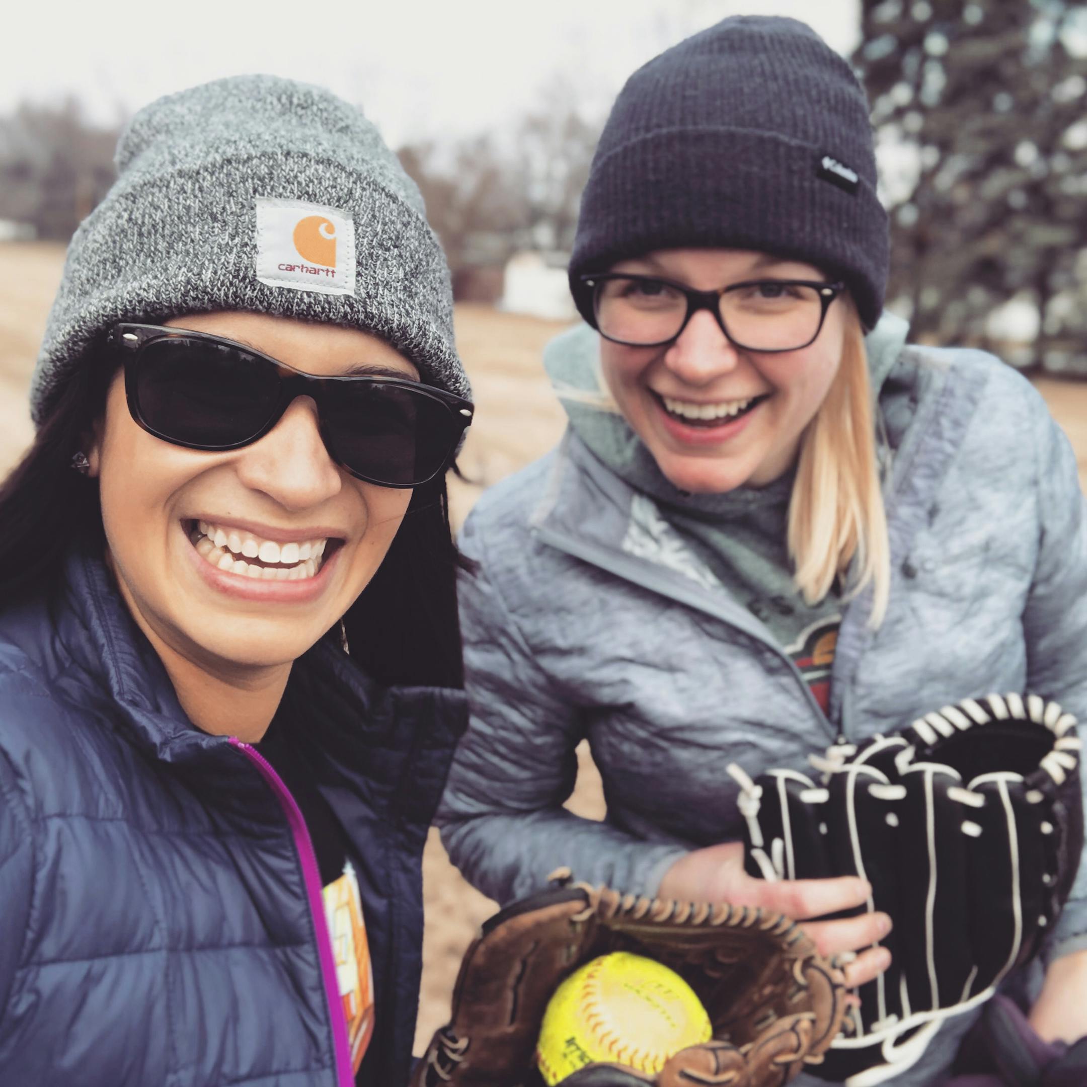 Erin Maye Quade (left) and her wife, Alyse, have been spending more time together during COVID-19 confinement and taking up more spontaneous activities, such as playing catch.