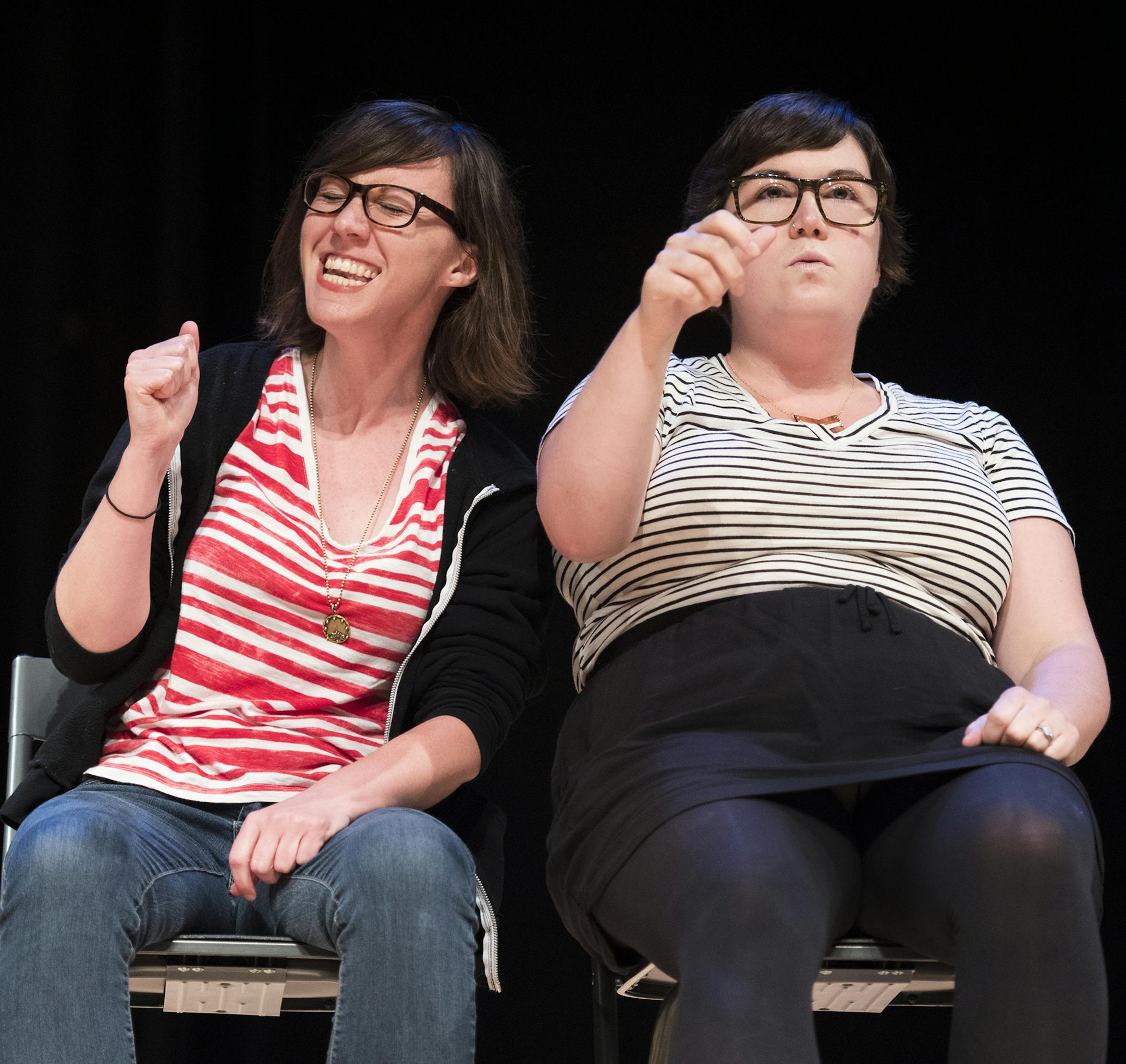 Angie Martin, left, and Casey Haeg previewed a scene where a couple fights over music during a car ride in "Couple Fight II: Friends and Family" at the Rarig Center on Monday night. ] Isaac Hale ï isaac.hale@startribune.com Theatre groups took the stage at the Rarig Center in Minneapolis, MN, on Monday, July 25, 2016, and previewed 3-minute acts the stage productions they'll be performing at the upcoming Fringe Festival. Approximately 30 groups took their turns showcasing productions with a