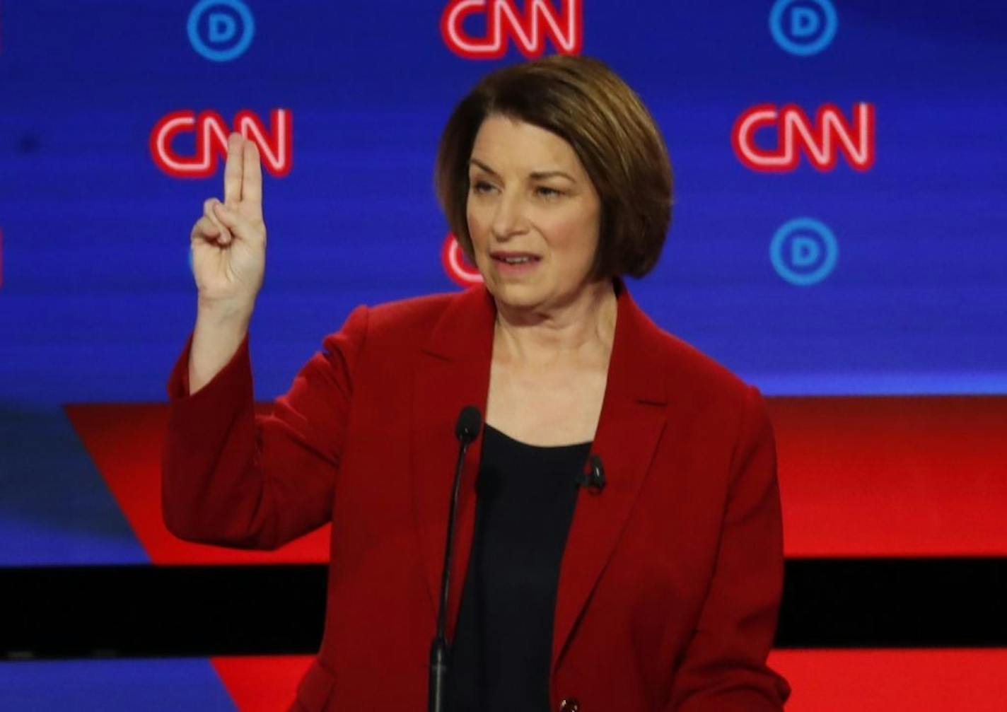 Sen. Amy Klobuchar, D-Minn., speaks during the second round of Democratic presidential primary debates this week. Her campaign said Friday she has qualified for the third debate.