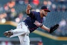 Minnesota Twins pitcher Ricky Nolasco watches a delivery to the Detroit Tigers during the first inning of a baseball game in Detroit on Wednesday, May