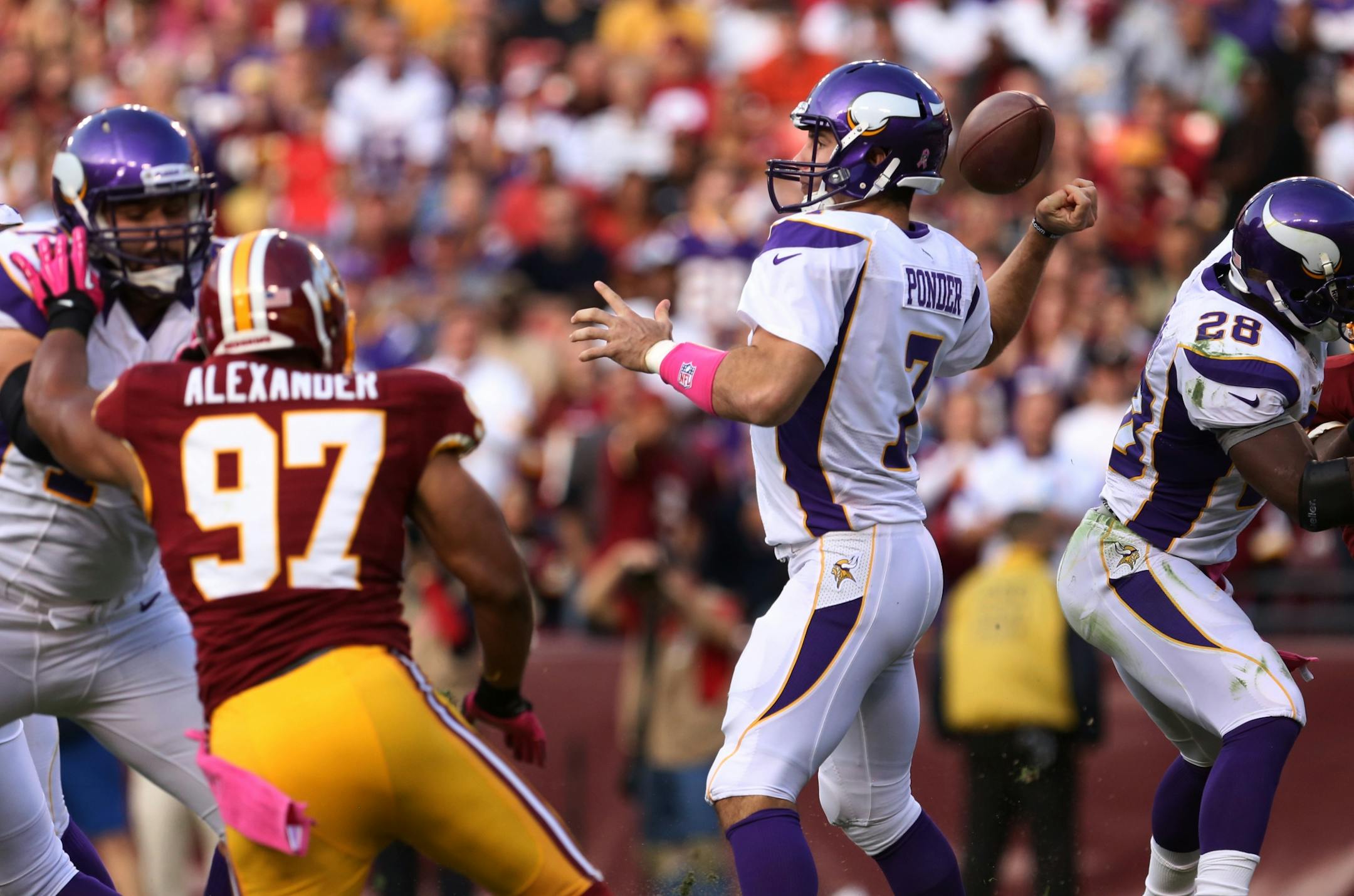 Vikings quarterback Christian Ponder fumbled the ball in the second quarter against the Washington Redskins at FedEx Field in Andover, Maryland. Redskins linebacker Lorenzo Alexander (97) recovered the ball.