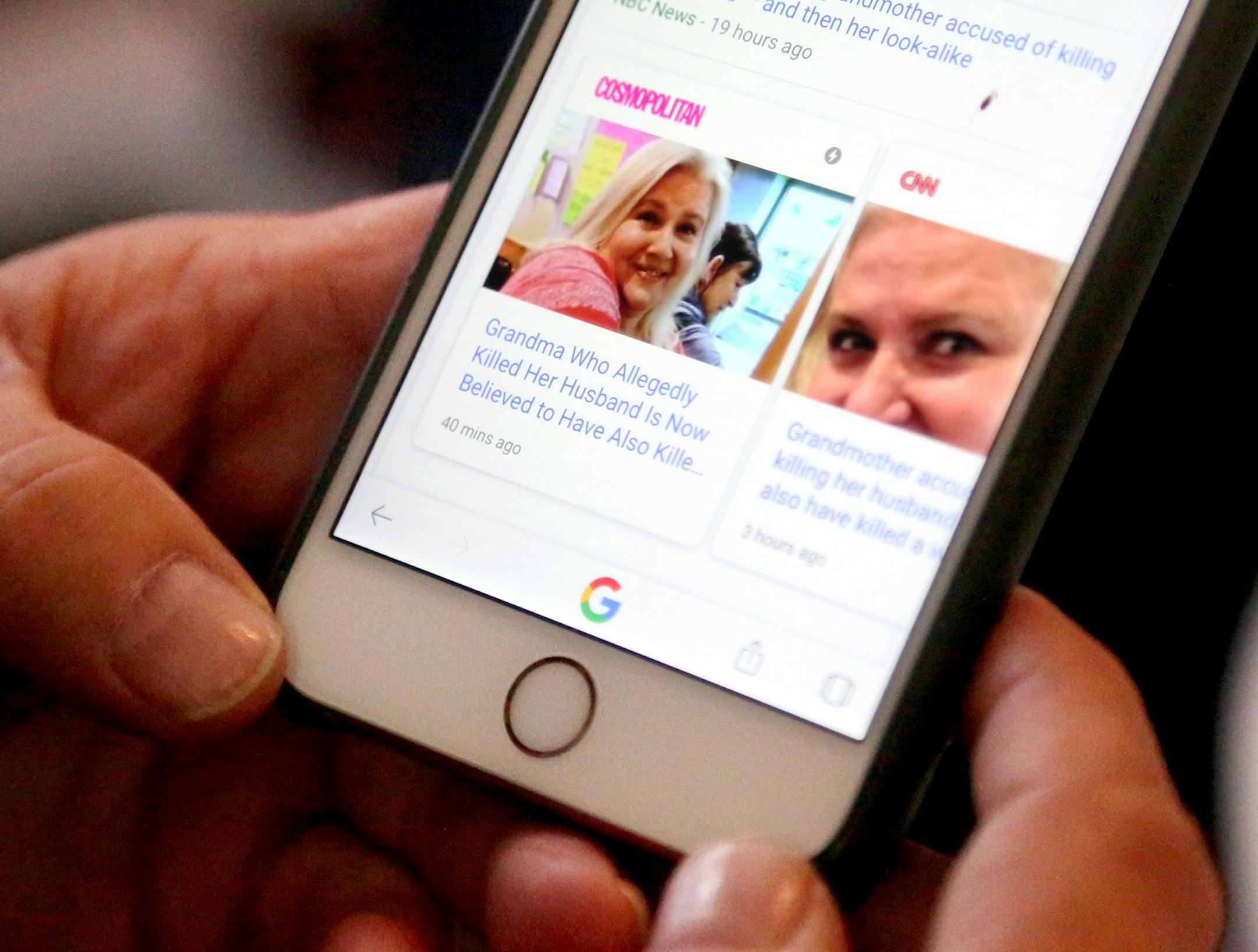 A nationwide manhunt is underway for a 56-year-old Lois Riess, 56, of Blooming Prairie, who allegedly killed her husband and later befriended a Florida woman before killing her in order to steal her identity. Here, a man who wouldn't give his name but claimed to check google every 10 minutes to look for an updated story on Riess, found a new one published in Cosmpolitan Magazine, while eating lunch at the Servicemen's Club, where Riess and her husband sometimes ate and seen Tuesday, April 17, 20