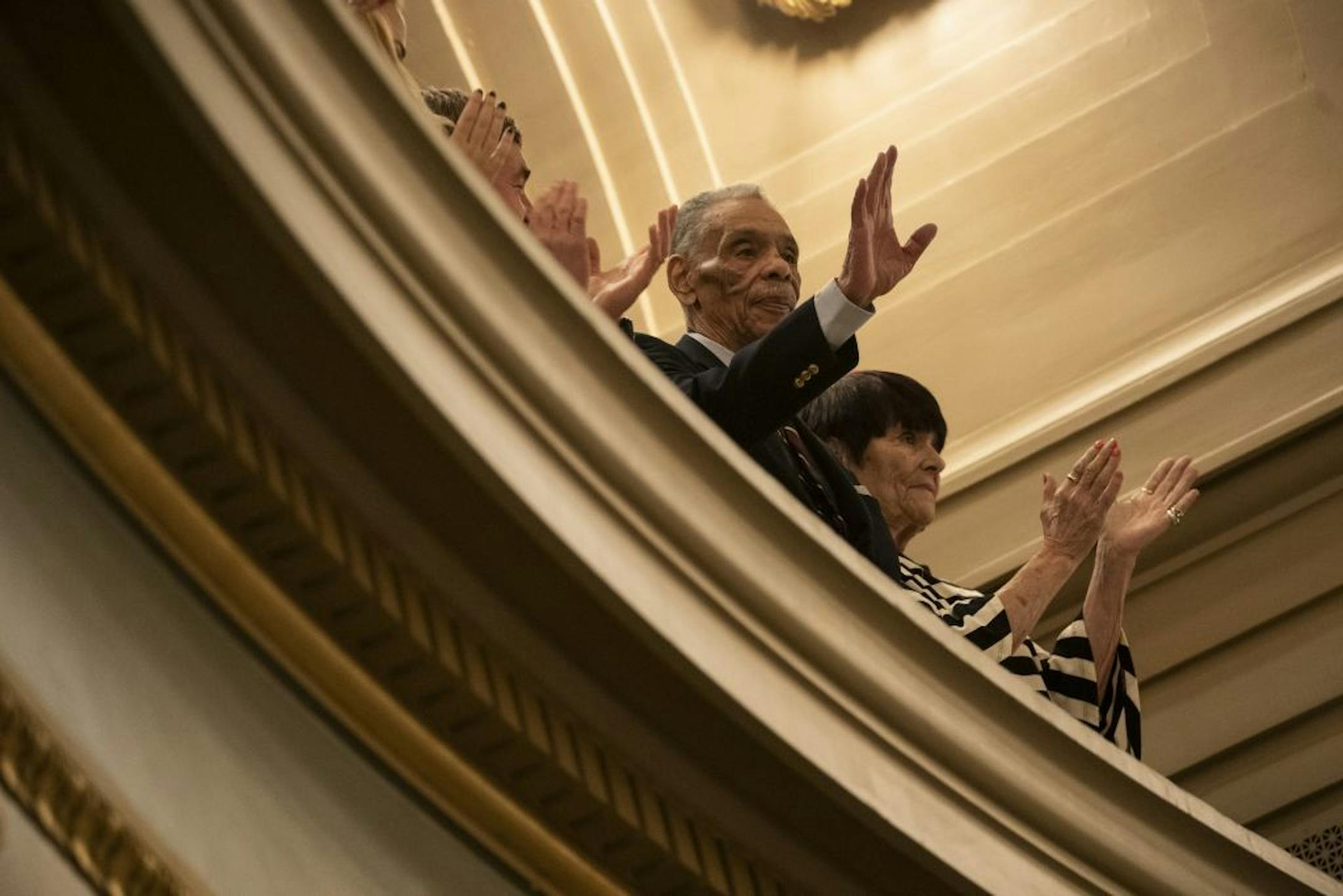 World War II veteran Gordy Kirk, waving, was introduced by Gov. Tim Walz during the State of the State Address at the State Capitol in St. Paul, Minn., on Wednesday, April 3, 2019.