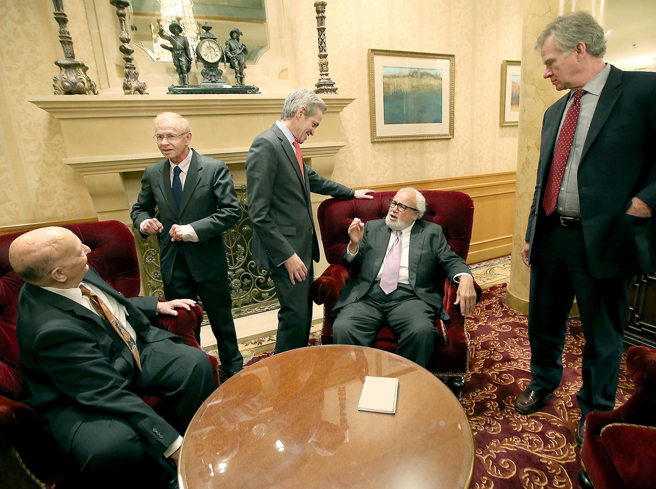 Larry Cohen, former St. Paul Mayor from 1972-1976, left, joined other former mayors including Jim Scheibel Norm Coleman, George Latimer and current Mayor Chris Coleman, in conversation after the St. Paul Mayors Forum during the annual Saint Paul Foundation breakfast, Thursday, May 7, 2015 at the St. Paul Hotel in St. Paul, MN. ] (ELIZABETH FLORES/STAR TRIBUNE) ELIZABETH FLORES • eflores@startribune.com
