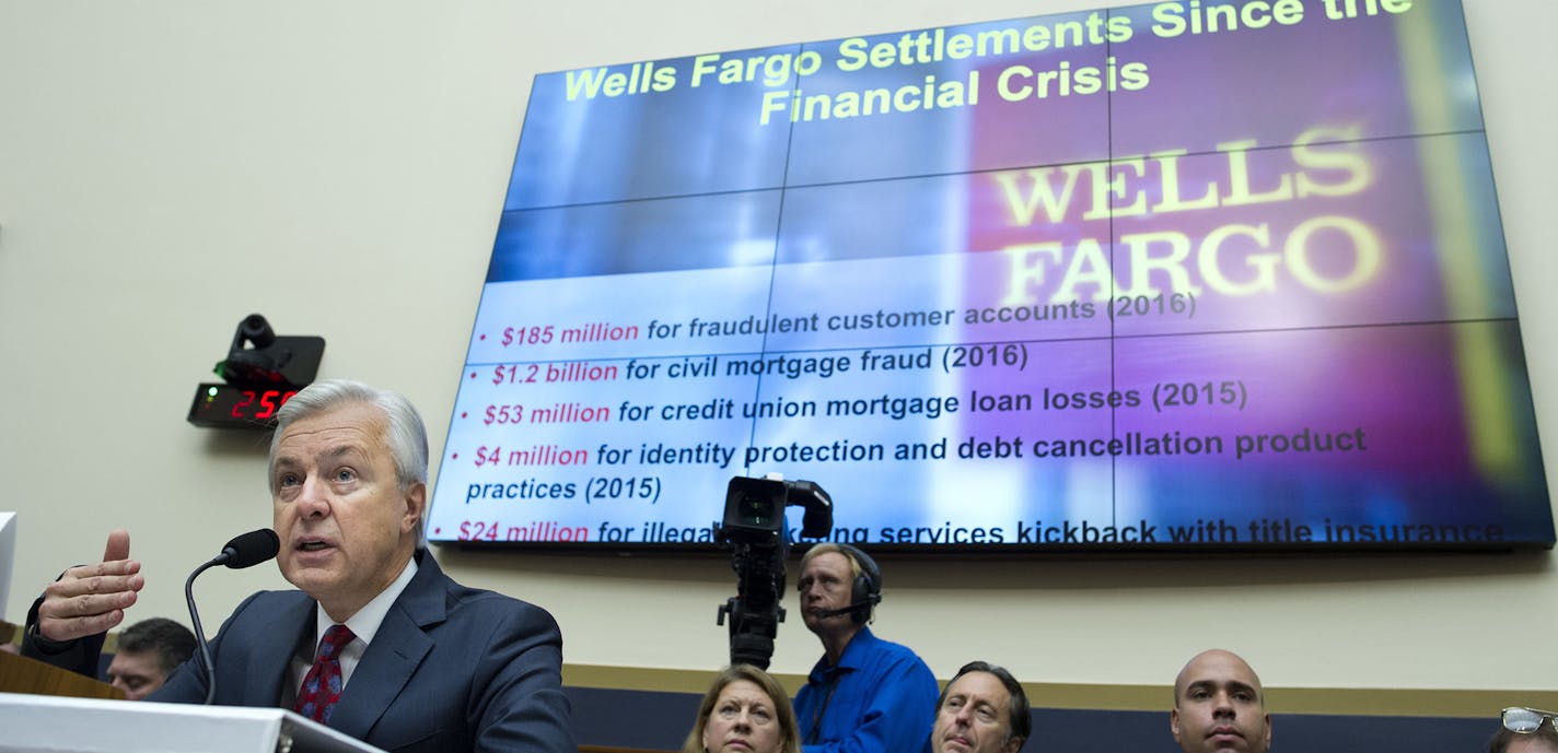 Wells Fargo CEO John Stumpf testifies on Capitol Hill in Washington, Thursday, Sept. 29, 2016, before the House Financial Services Committee investigating Wells Fargo's opening of unauthorized customer accounts. (AP Photo/Cliff Owen) ORG XMIT: MIN2016092915302952