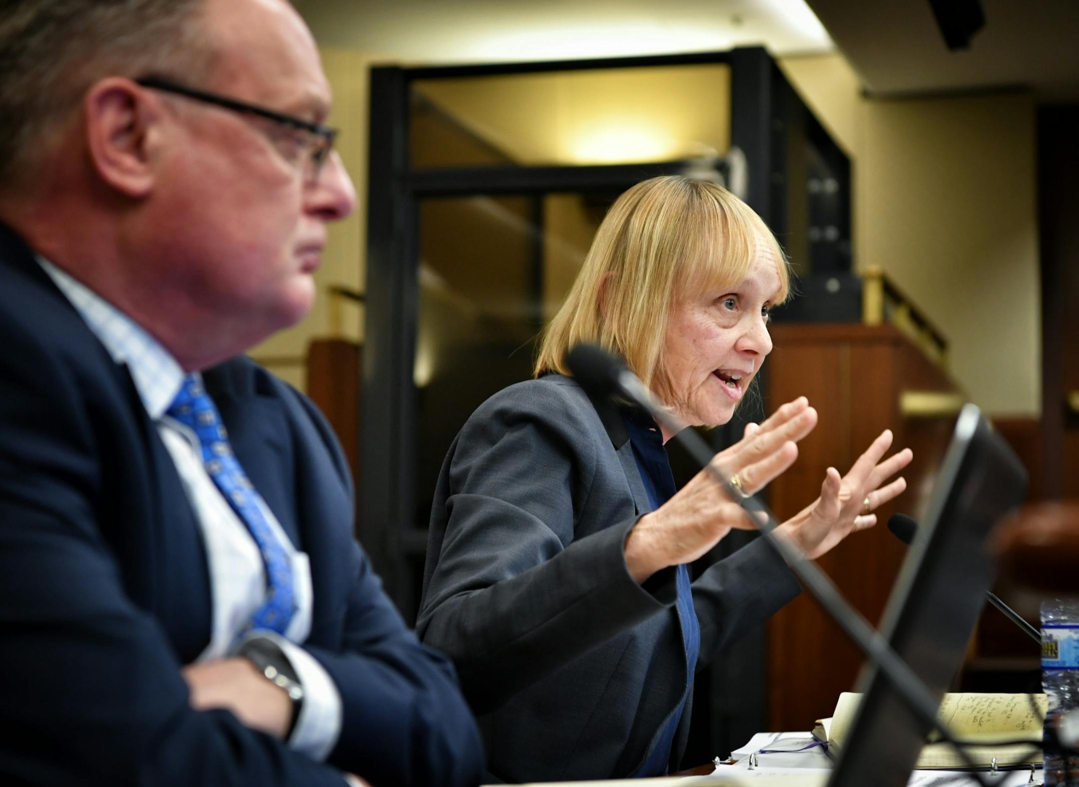 Ted Mondale and Michele Kelm-Helgen responded after Minnesota Legislative Auditor James Nobles delivered his report to the committee.