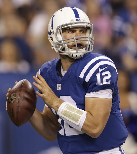 In this Aug. 23, 2014, photo, Indianapolis Colts quarterback Andrew Luck throws against the New Orleans Saints during the first half of an NFL preseas