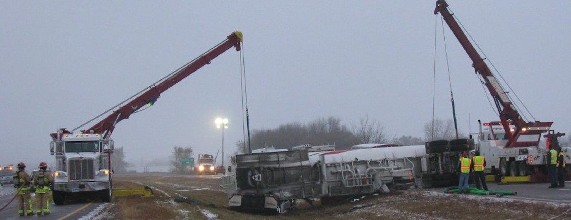 A semitrailer truck slid off Hwy. 52 early Wednesday.