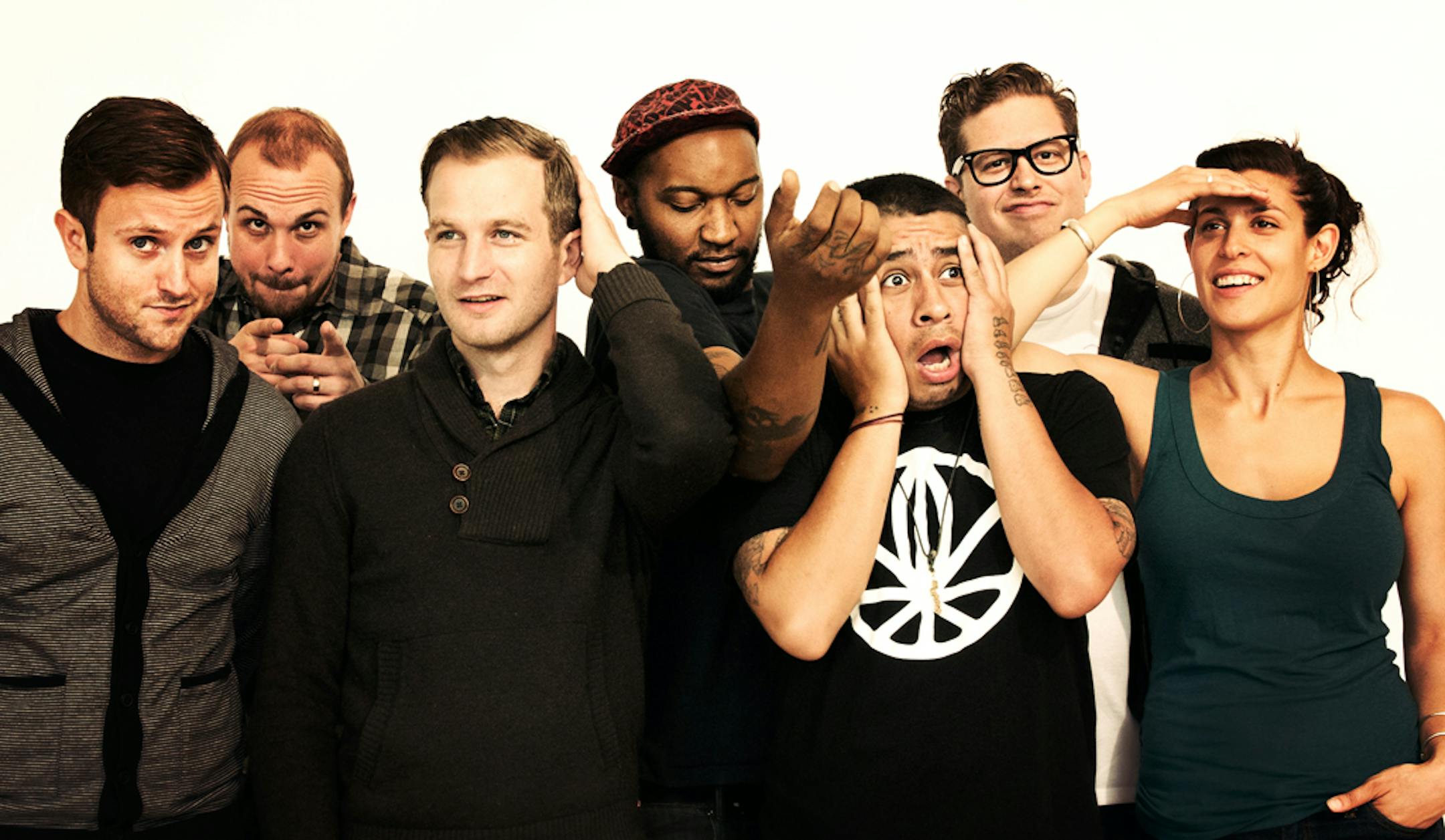 Doomtree. From left: Sims, Lazerbeak, Cecil Otter, P.O.S., Mike Mictlan, Paper Tiger, Dessa