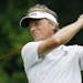 Bernhard Langer, of Germany, tees off on the 17th hole during the second round of the U.S. Senior Open golf tournament, Friday, June 30, 2017, in Peab