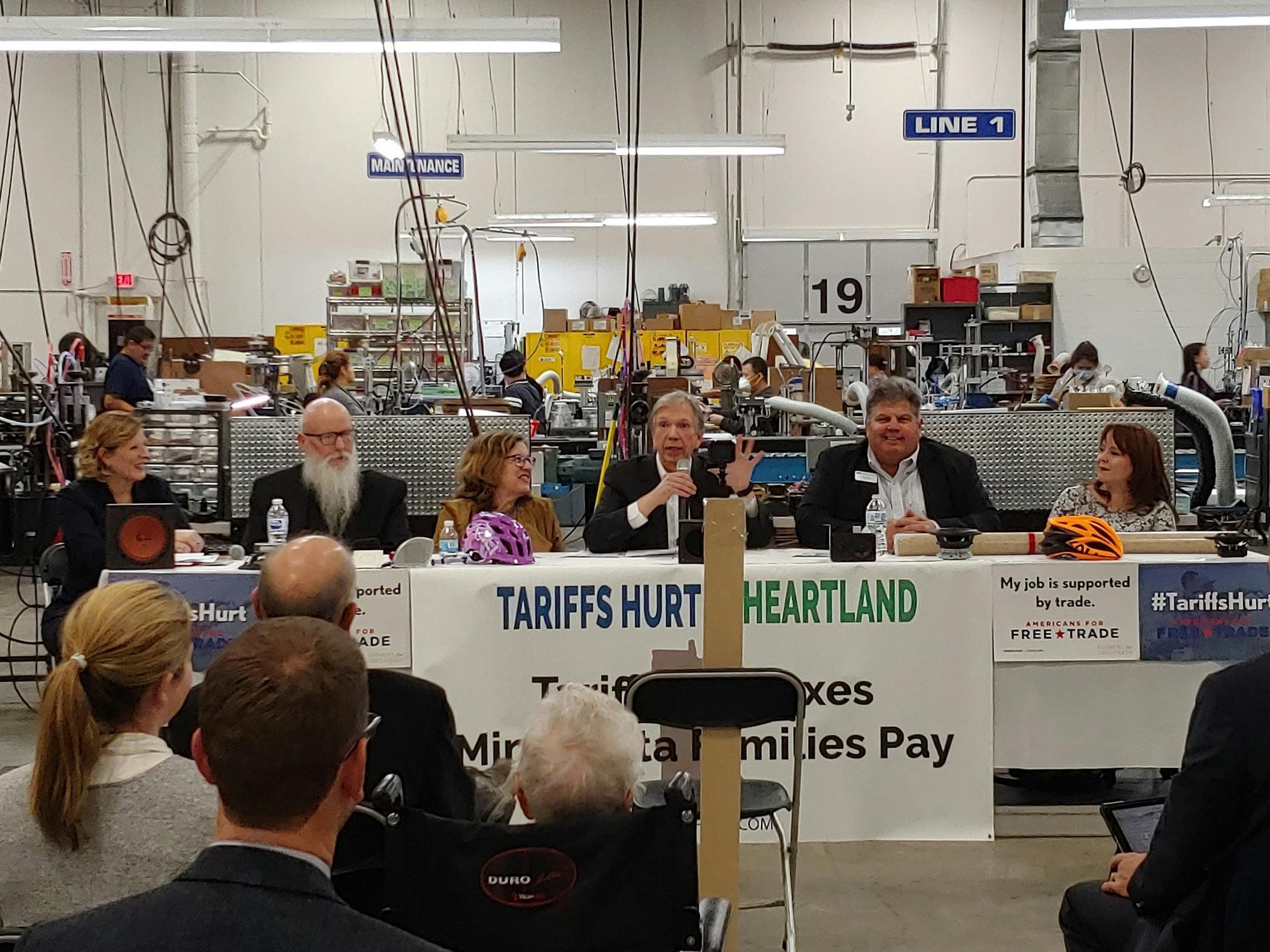 Executives and representatives of Minnesota firms hurt by the U.S. trade war with China on Wednesday called for the Trump administration to resolve it. Participants at the event in St. Paul were, from left, Angela Marshall Hofmann, co-executive director of Farmers for Free Trade; Matt Moore, general counsel at Quality Bicycle Products, Inc.; Kristin Weeks Duncanson, fifth-generation Minnesota Farmer; Daniel Digre, chief executive of MISCO Minneapolis Speaker Co.; Kevin Paap, president of the Min