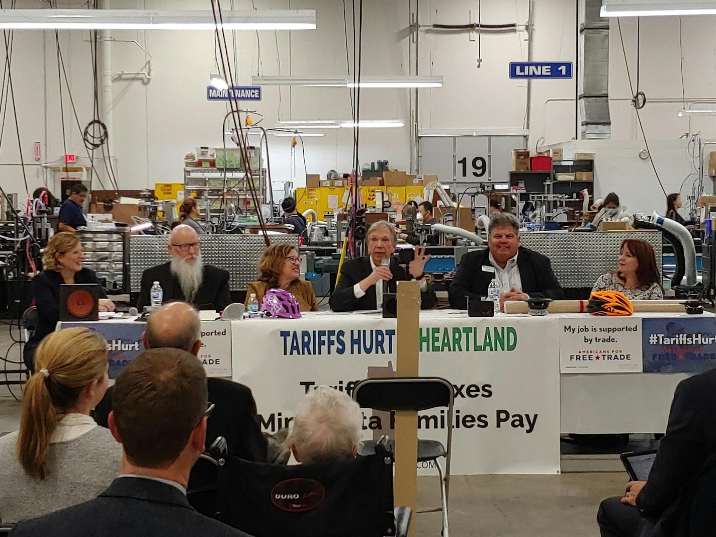 Executives and representatives of Minnesota firms hurt by the U.S. trade war with China on Wednesday called for the Trump administration to resolve it. Participants at the event in St. Paul were, from left, Angela Marshall Hofmann, co-executive director of Farmers for Free Trade; Matt Moore, general counsel at Quality Bicycle Products, Inc.; Kristin Weeks Duncanson, fifth-generation Minnesota Farmer; Daniel Digre, chief executive of MISCO Minneapolis Speaker Co.; Kevin Paap, president of the Min