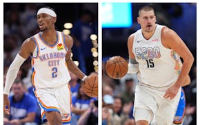 The Timberwolves will face either Shai Gilgeous-Alexander, left, and the Thunder or Nikola Jokic and the Nuggets in the Western Conference finals.