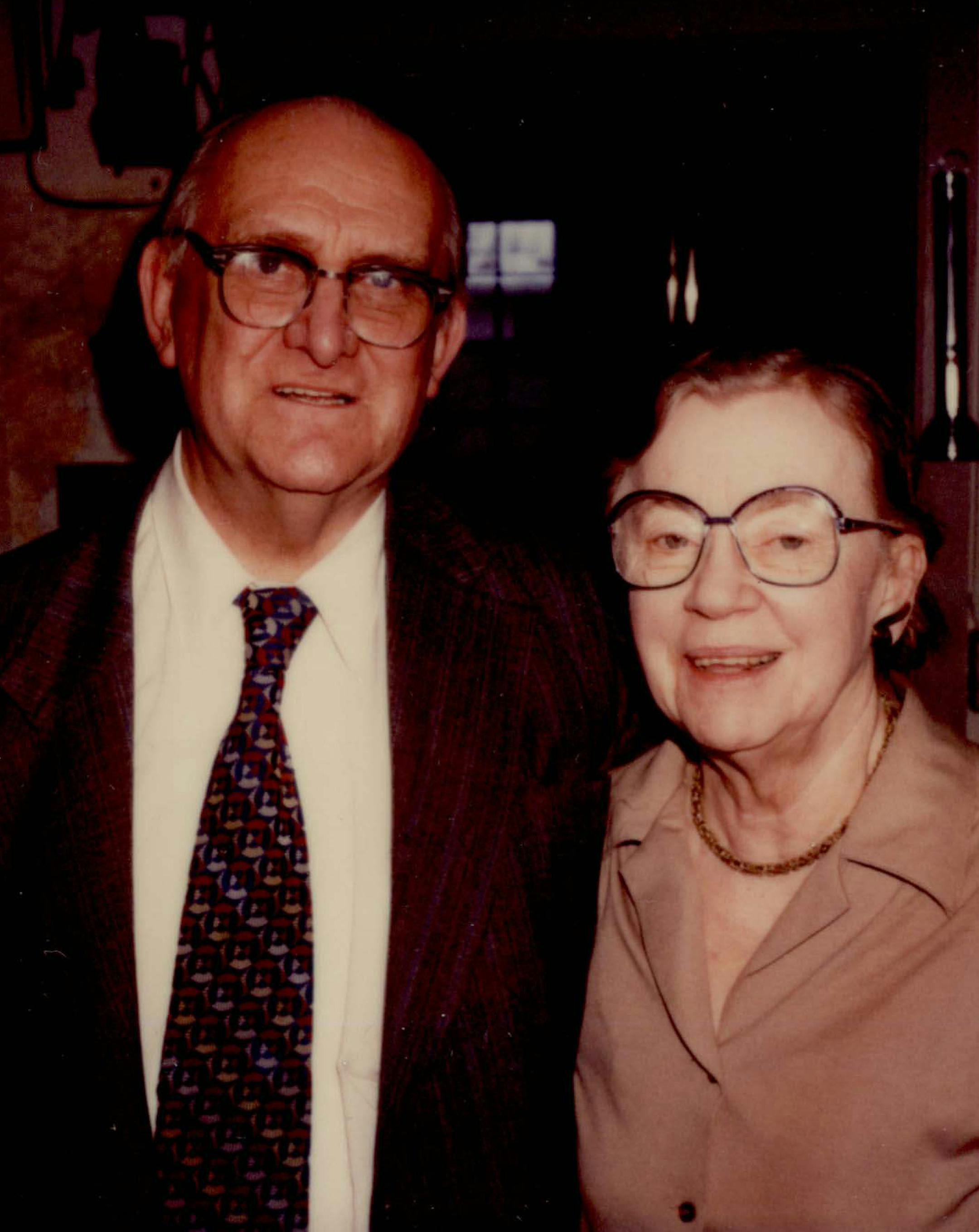 Polaroid photo of Otto and Viola Schmitt, circa 1980s. Courtesy University of Minnesota Archives. Otto and Viola Schmitt helped lead the University of Minnesota to become an internationally recognized institute in research on the human bodyís electrical characteristics, inventing numerous devices to measure its electromagnetic properties. They measured everything from skin resistivity to the effects of external magnetic fields on the human mind.