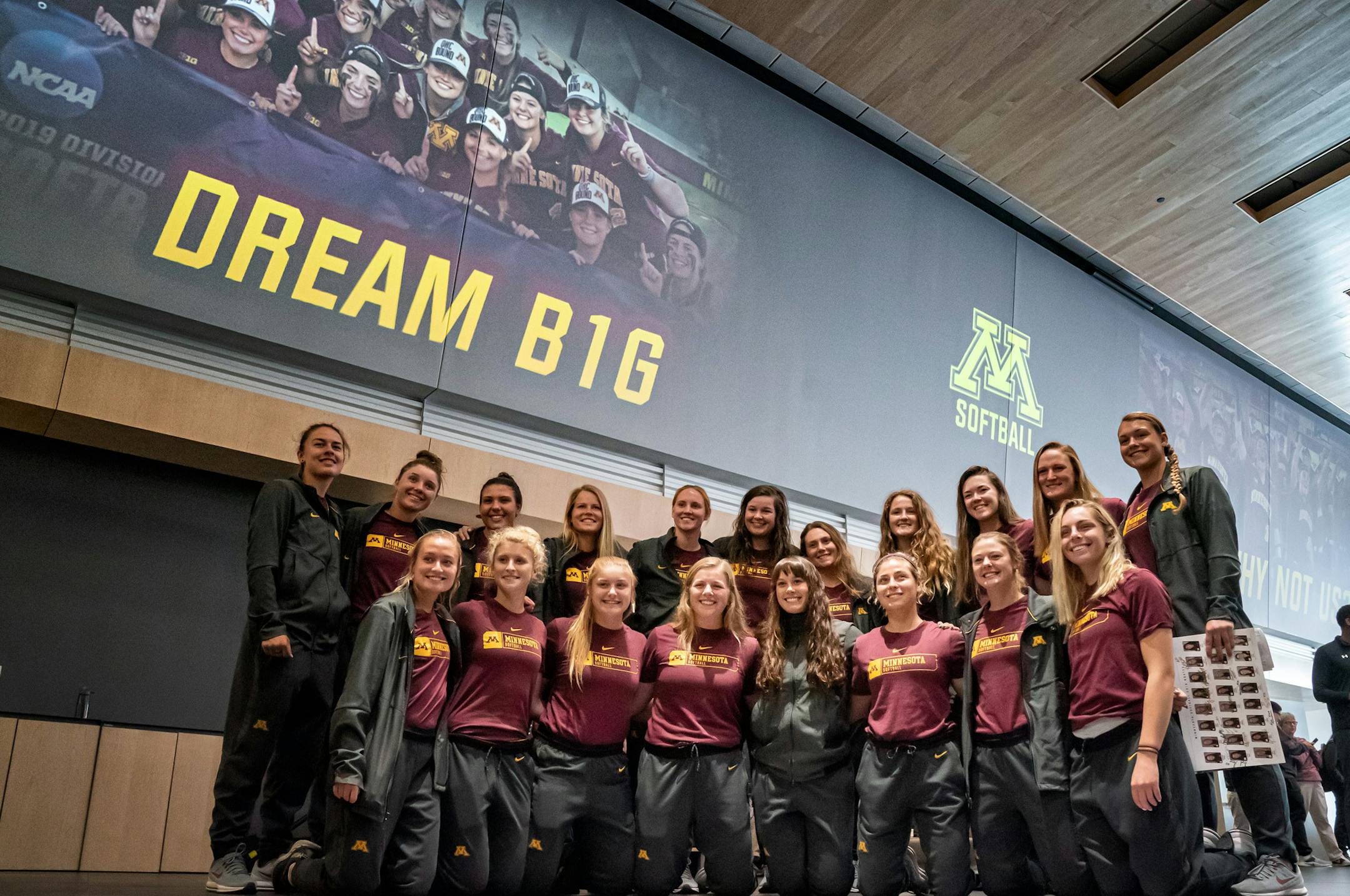 The Gophers softball team gathered for a team portrait. They had a rally/autograph session before heading to Oklahoma City for the Women's College World Series. ] GLEN STUBBE • glen.stubbe@startribune.com Tuesday, May 28, 2019 The Gophers softball team has a rally/autograph session before heading to Oklahoma City fo the Women's College World Series. This will be in the lobby of the Athletes Village.