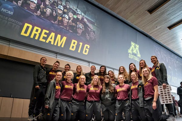 The Gophers softball team gathered for a team portrait. They had a rally/autograph session before heading to Oklahoma City for the Women's College Wor