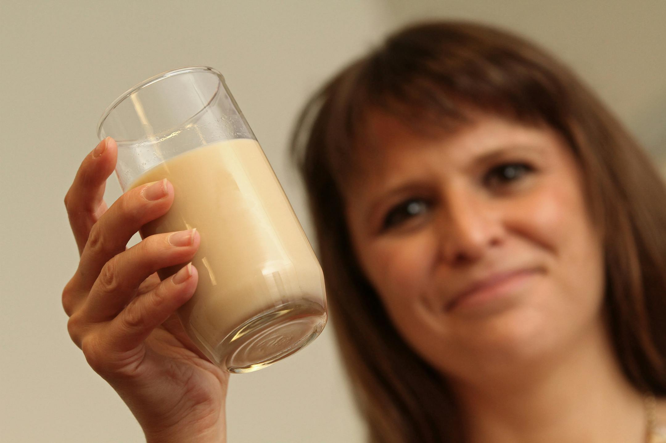 Betsy Frost, General Mills Marketing Manager, held a glass of a new General Mills product called "BFAST", photographed on 5/31/13.] Bruce Bisping/Star Tribune bbisping@startribune.com Betsy Frost/source.