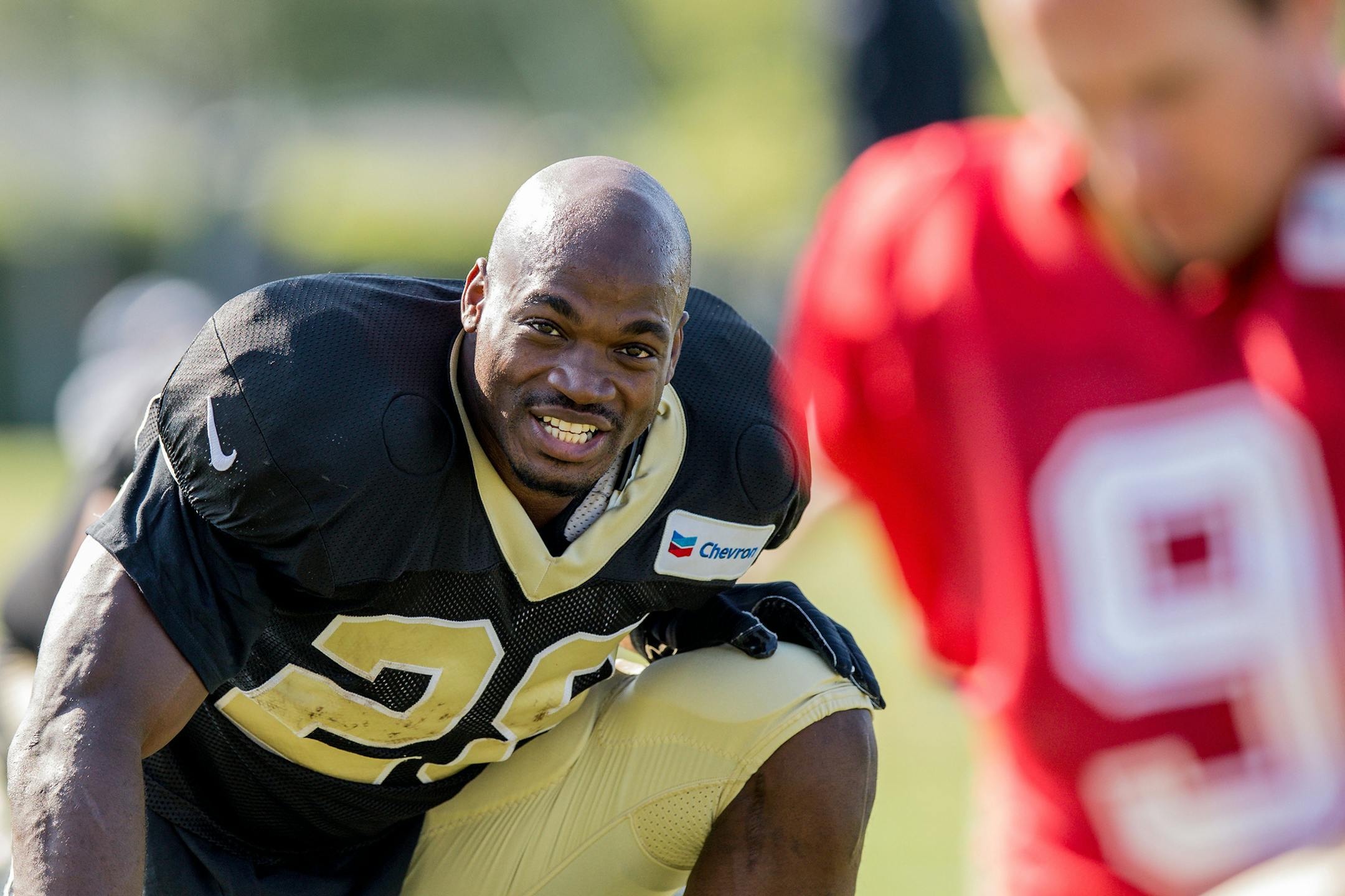 New Orleans Saints running back Adrian Peterson (28) participates in drills during the New Orleans Saints training camp on July 30, 2017 at the Ochsner Sports Performance Center in Metairie, La. (Stephen Lew/Cal Sport Media/Zuma Press/TNS) ORG XMIT: 1210275