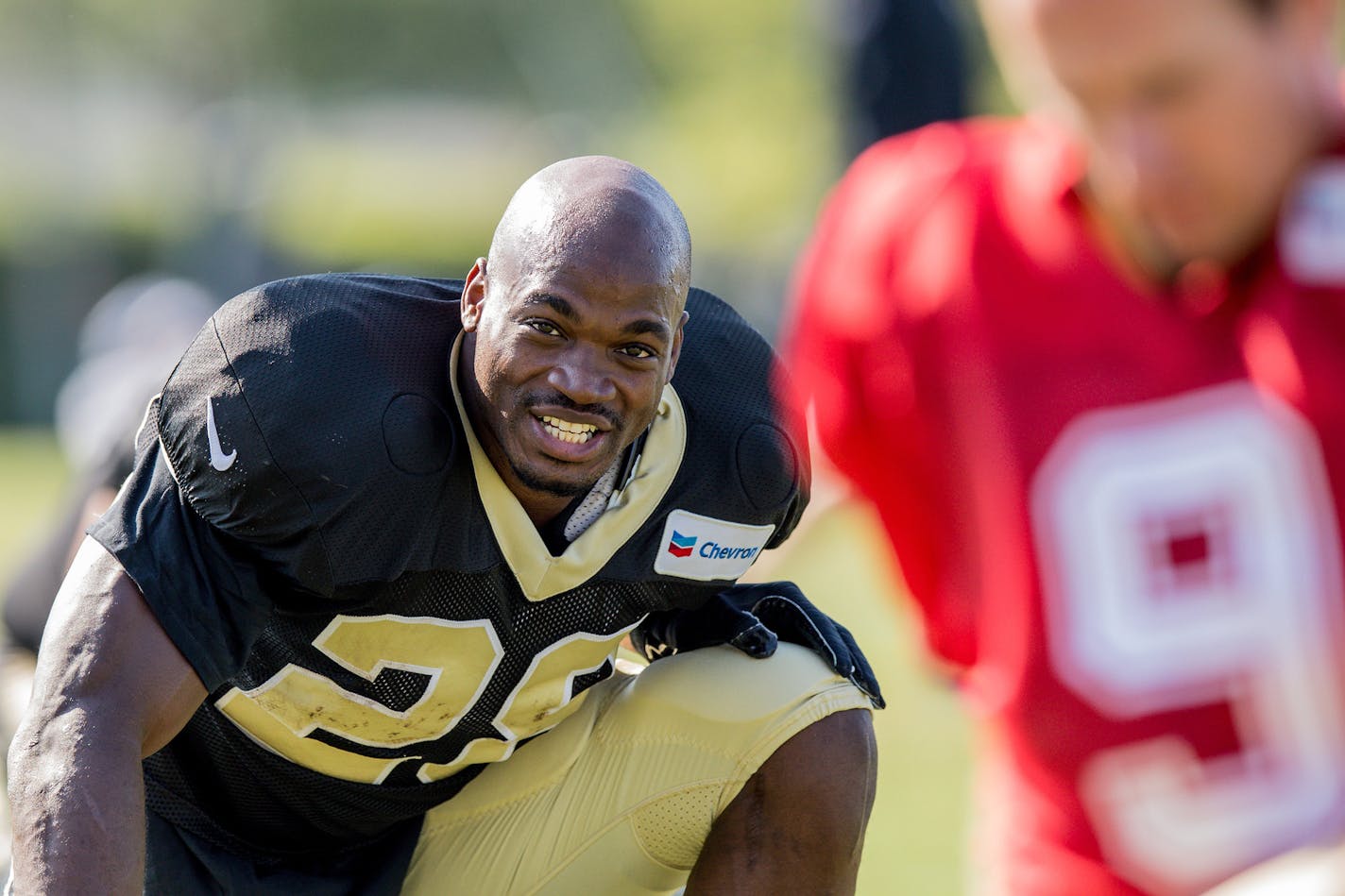 New Orleans Saints running back Adrian Peterson (28) participates in drills during the New Orleans Saints training camp on July 30, 2017 at the Ochsner Sports Performance Center in Metairie, La. (Stephen Lew/Cal Sport Media/Zuma Press/TNS) ORG XMIT: 1210275