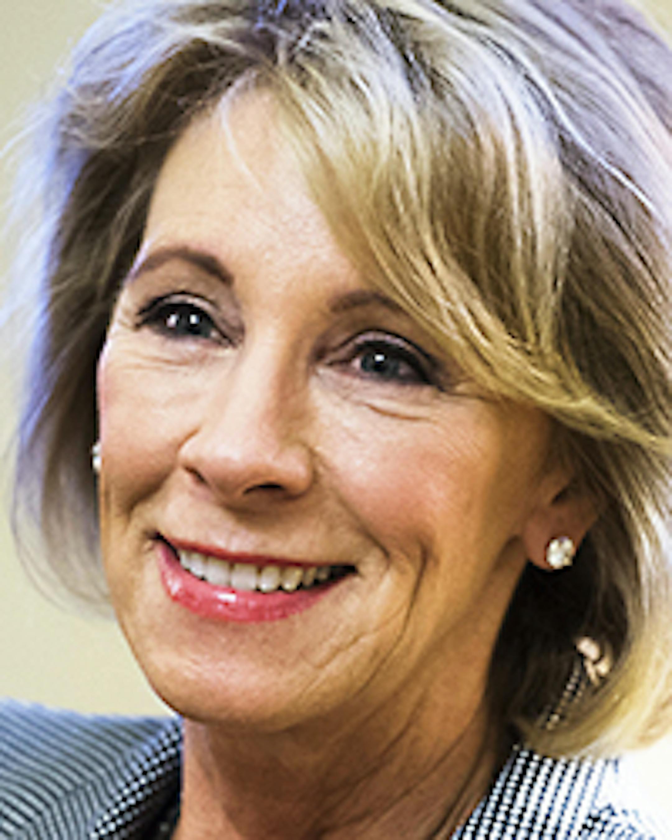 Betsy DeVos, nominee for education secretary, poses for a photo before a meeting with Senate Majority Leader Mitch McConnell, R-Ky., in the Capitol, Dec. 1, 2016 in Washington, D.C. (Tom Williams/Congressional Quarterly/Newscom/Zuma Press/TNS) ORG XMIT: 1195813