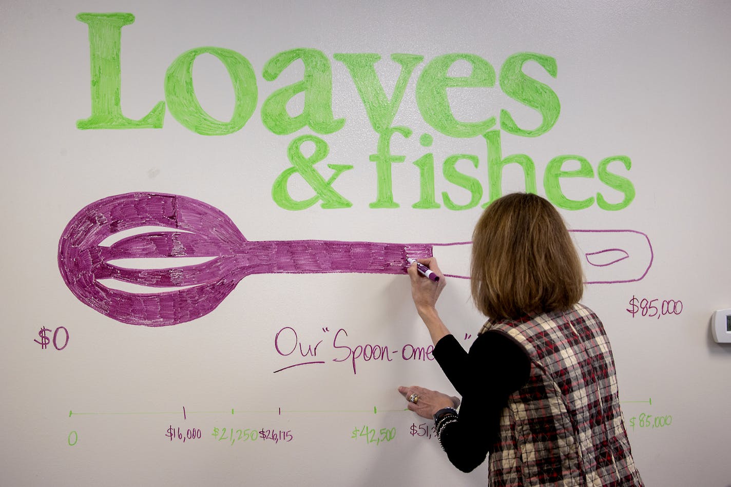 Cathy Maes, executive director of Loaves & Fishes, a Minneapolis-based free meal program, filedl out her "Spoon-ometer," a drawing of a spoon (their logo) on a white board akin to a thermometer recording fundraising. She's hoping to raise $85K, which would be doubled by matching grants. "It's low-budget," she said of the white board. Here, Maes, got updates from co-workers via the internet, Tuesday, November 17, 2020 in Minneapolis, MN. ] ELIZABETH FLORES • liz.flores@startribune.com