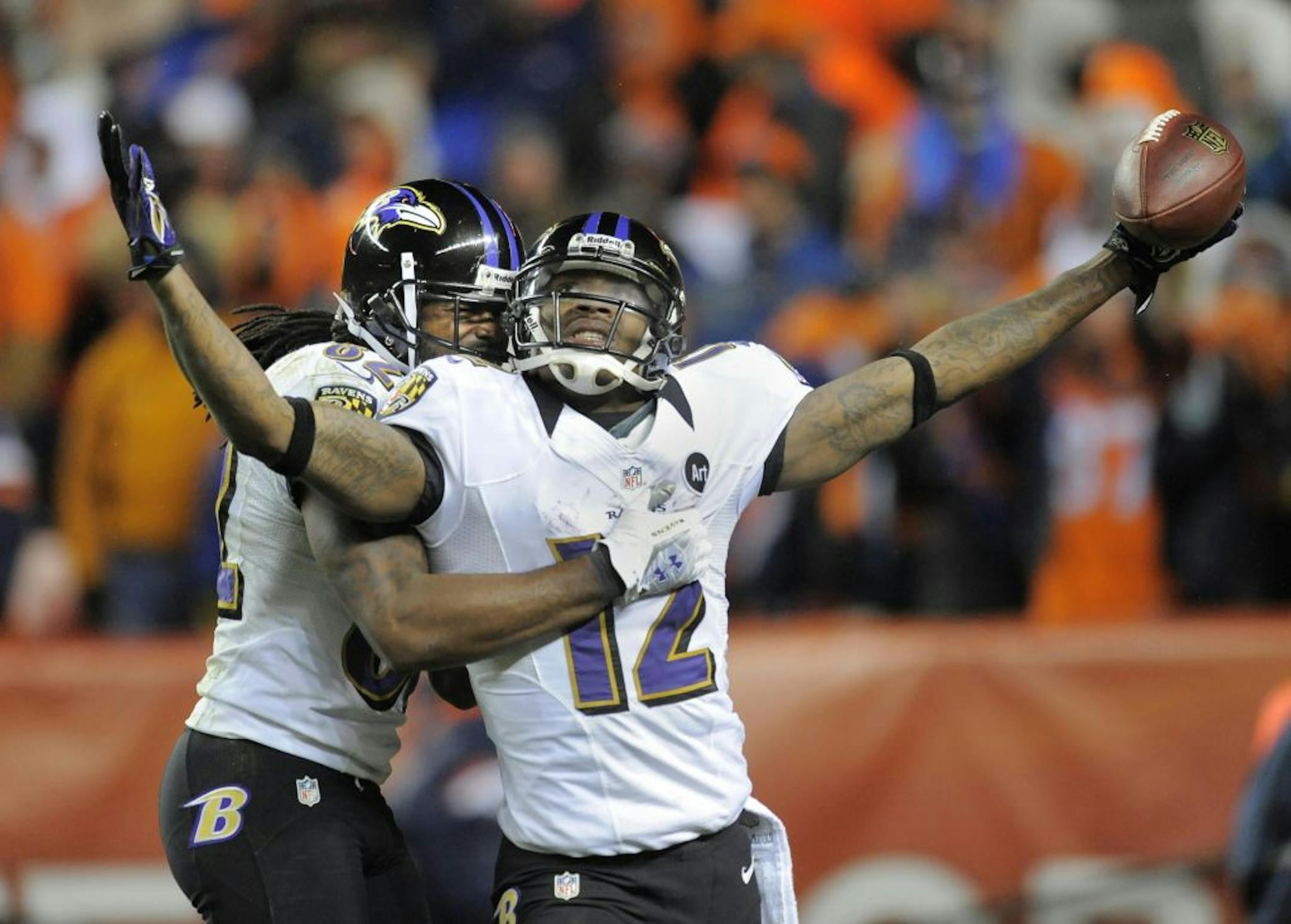 Ravens wide receiver Jacoby Jones celebrated his 70-yard touchdown reception with 31 seconds to play, which forced overtime against the Denver Broncos on Saturday. The Ravens won in OT 38-35.