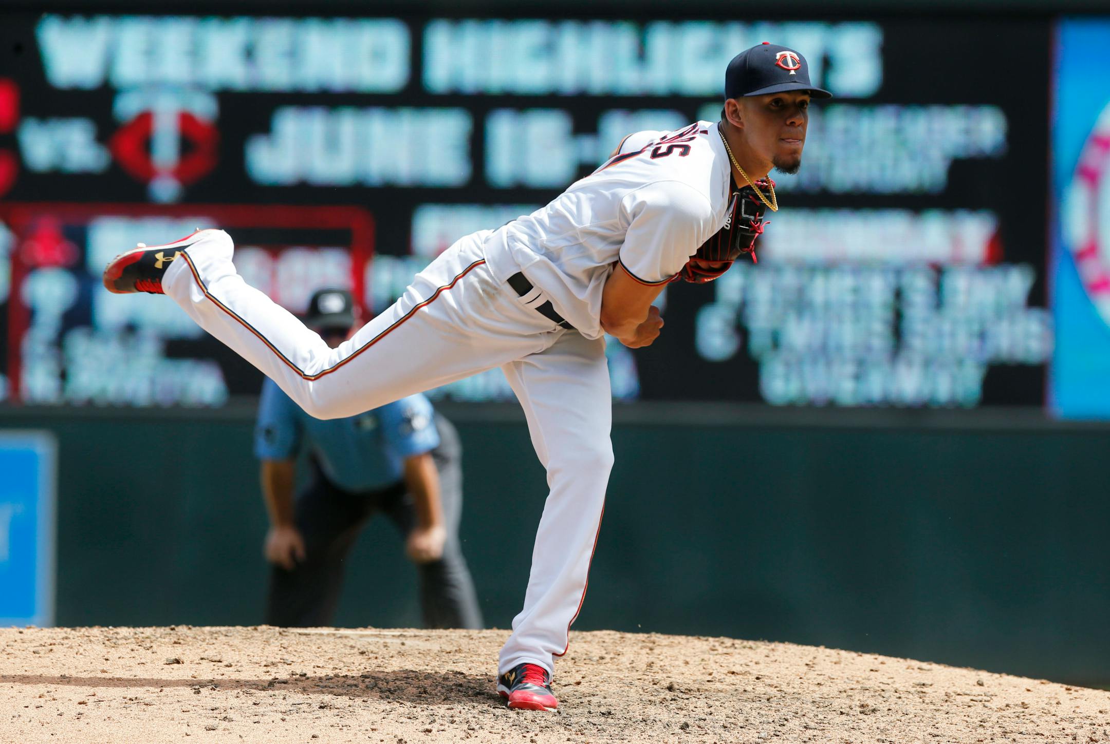 Minnesota Twins pitcher Jose Berrios throws against the Seattle Mariners in the seventh inning of a baseball game Thursday, June 15, 2017, in Minneapolis. The Twins won 6-2 with Berrios picking up his sixth win. (AP Photo/Jim Mone)