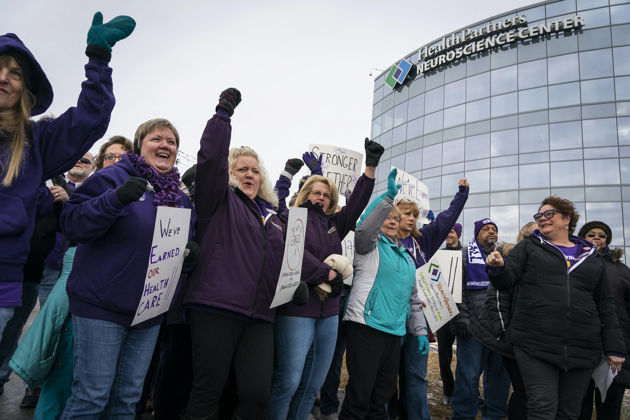 HealthPartners clinics workers and SEIU members cheered during the press conference. ] LEILA NAVIDI • leila.navidi@startribune.com BACKGROUND INFORMATION: SEIU announced that nearly 2,000 nurses and other caregivers at HealthPartners clinics will strike for seven days starting Feb. 17 if their contract demands over health care benefits aren't met during a press conference outside HealthPartners Neuroscience Center in St. Paul on Friday, February 7, 2020.