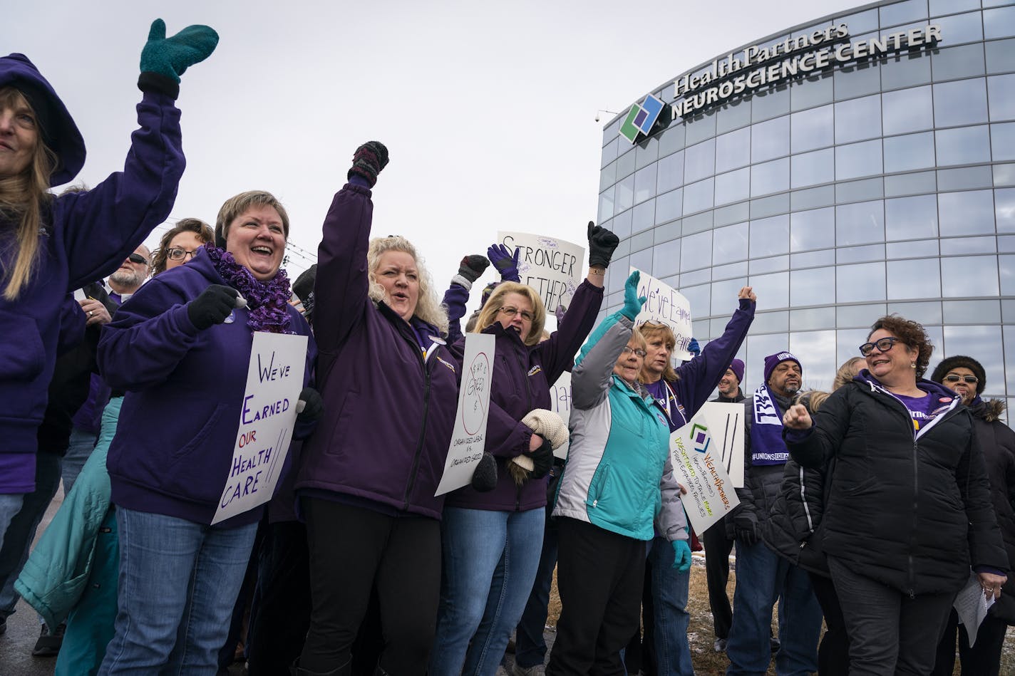 HealthPartners clinics workers and SEIU members cheered during the press conference. ] LEILA NAVIDI &#x2022; leila.navidi@startribune.com BACKGROUND INFORMATION: SEIU announced that nearly 2,000 nurses and other caregivers at HealthPartners clinics will strike for seven days starting Feb. 17 if their contract demands over health care benefits aren't met during a press conference outside HealthPartners Neuroscience Center in St. Paul on Friday, February 7, 2020.