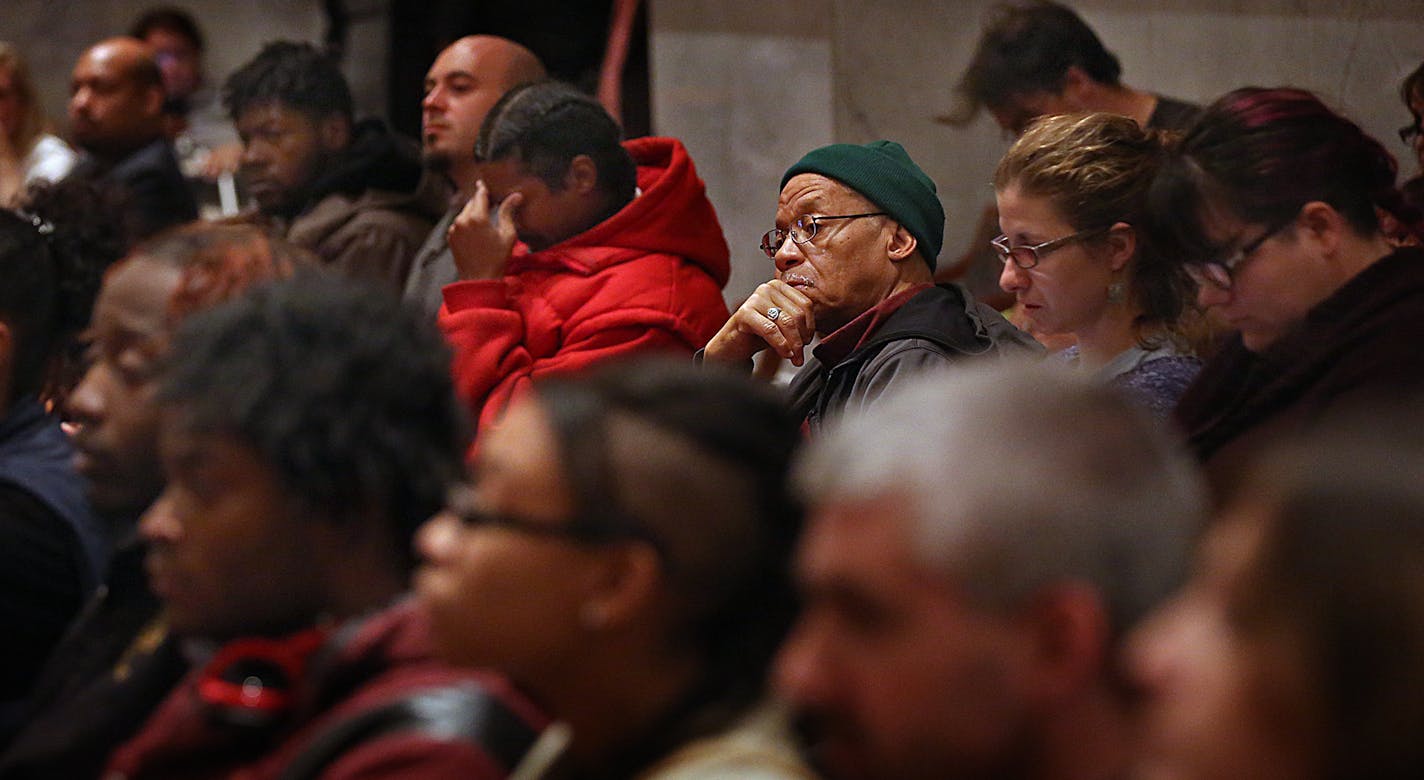 Concerned citizens listened to Minneapolis City Council members as they discussed a motion to return the Working Families ordinance to author and to cancel a previously scheduled public hearing. The motion passed. ] JIM GEHRZ &#xef; james.gehrz@startribune.com / Minneapolis, MN / October 23, 2015 / 9:00 AM &#xf1; BACKGROUND INFORMATION: Working Families Agenda protest at City Council chambers tomorrow AM. The meeting starts at 9:30, but a vote on postponing the changes (the controversial action)