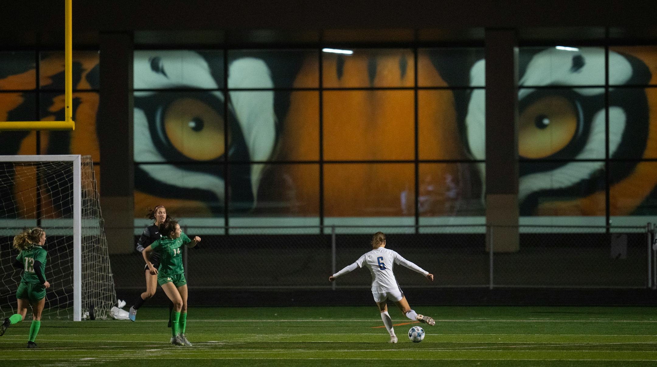 St. Michael-Albertville's Emma Kvant wound up on a second half shot.