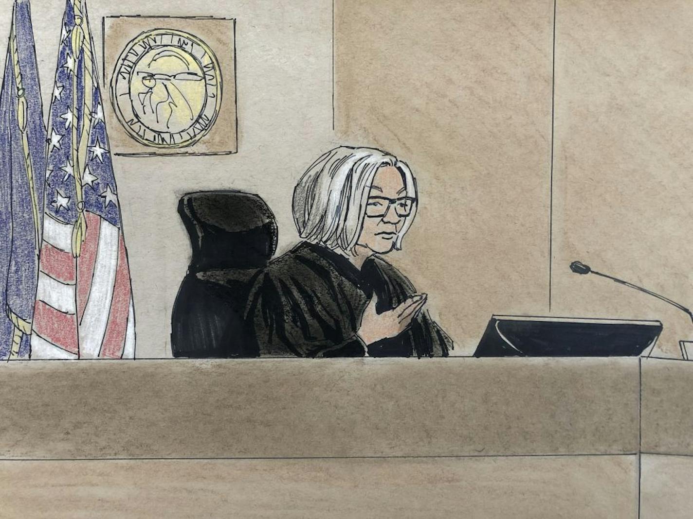 Sketch of Judge Kathryn Quaintance addressing the courtroom during Friday's pretrial hearing for former Minneapolis police officer Mohamed Noor, who is scheduled to stand trial Monday for the 2017 shooting death of Justine Ruszczyk Damond.