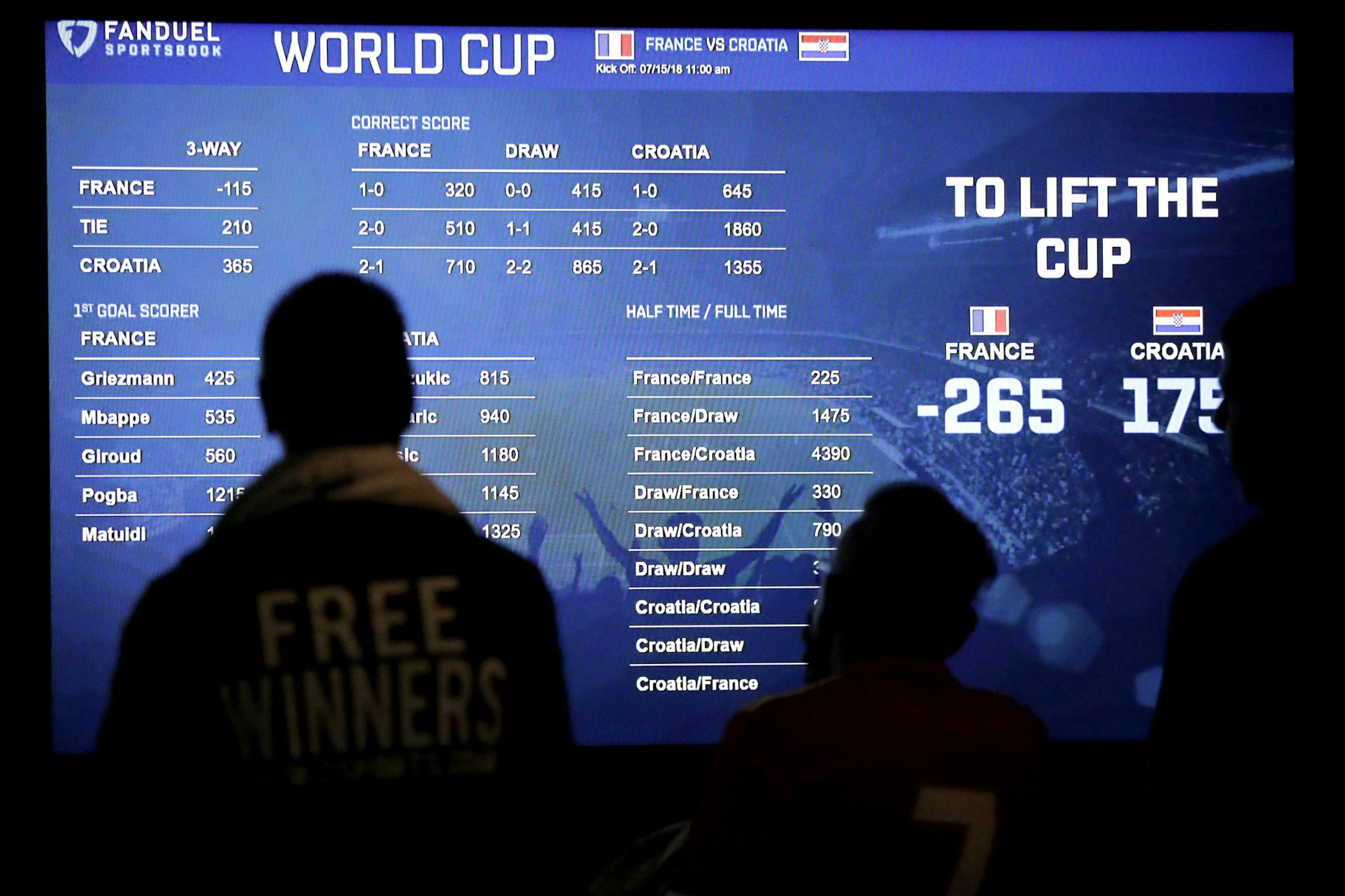 A board shows the World Cup soccer tournament odds as people look at information at the Meadowlands Racetrack on July 14, 2018, in East Rutherford, N.J. Meadowlands Racetrack became the fourth sports betting outlet in New Jersey following the state's U.S. Supreme Court victory in a case that cleared the way for all 50 states to legalize sports betting.