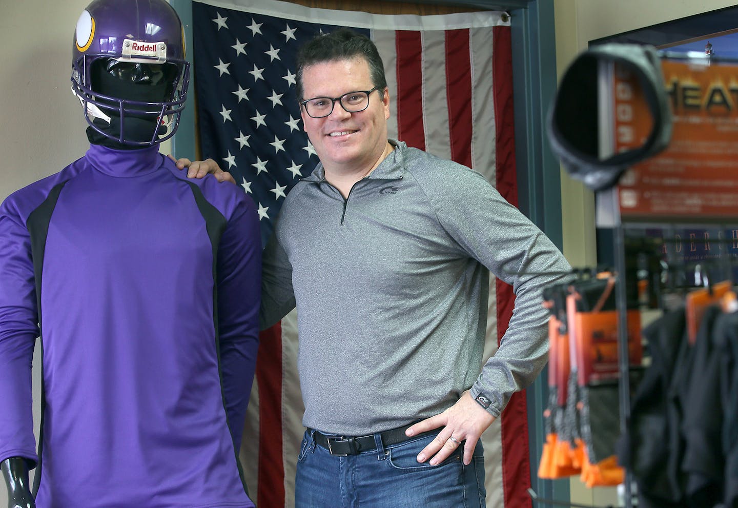 Owner Joel Wiens of WSI Sports in Eagan, said the Minnesota based company will supply cold-weather gear for the Vikings and Seattle during Sunday's playoff game. Wednesday, January 6, 2015 in Eagan, MN. He said that they will be providing socks, gloves, and thermal shirts for both teams. ] (ELIZABETH FLORES/STAR TRIBUNE) ELIZABETH FLORES &#x2022; eflores@startribune.com