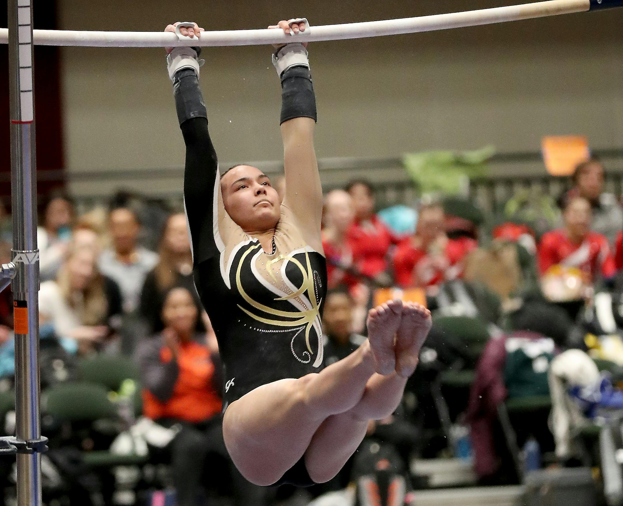 Jada Olsen of Perham competes on the uneven parallel bars at the class 1A gymnastics individual state meet.] DAVID JOLES • david.joles@startribune.com Class 1A gymnastics individual state meet Saturday, Feb. 22, 2020, at Roy Wilkins Auditorium in St. Paul, MN.