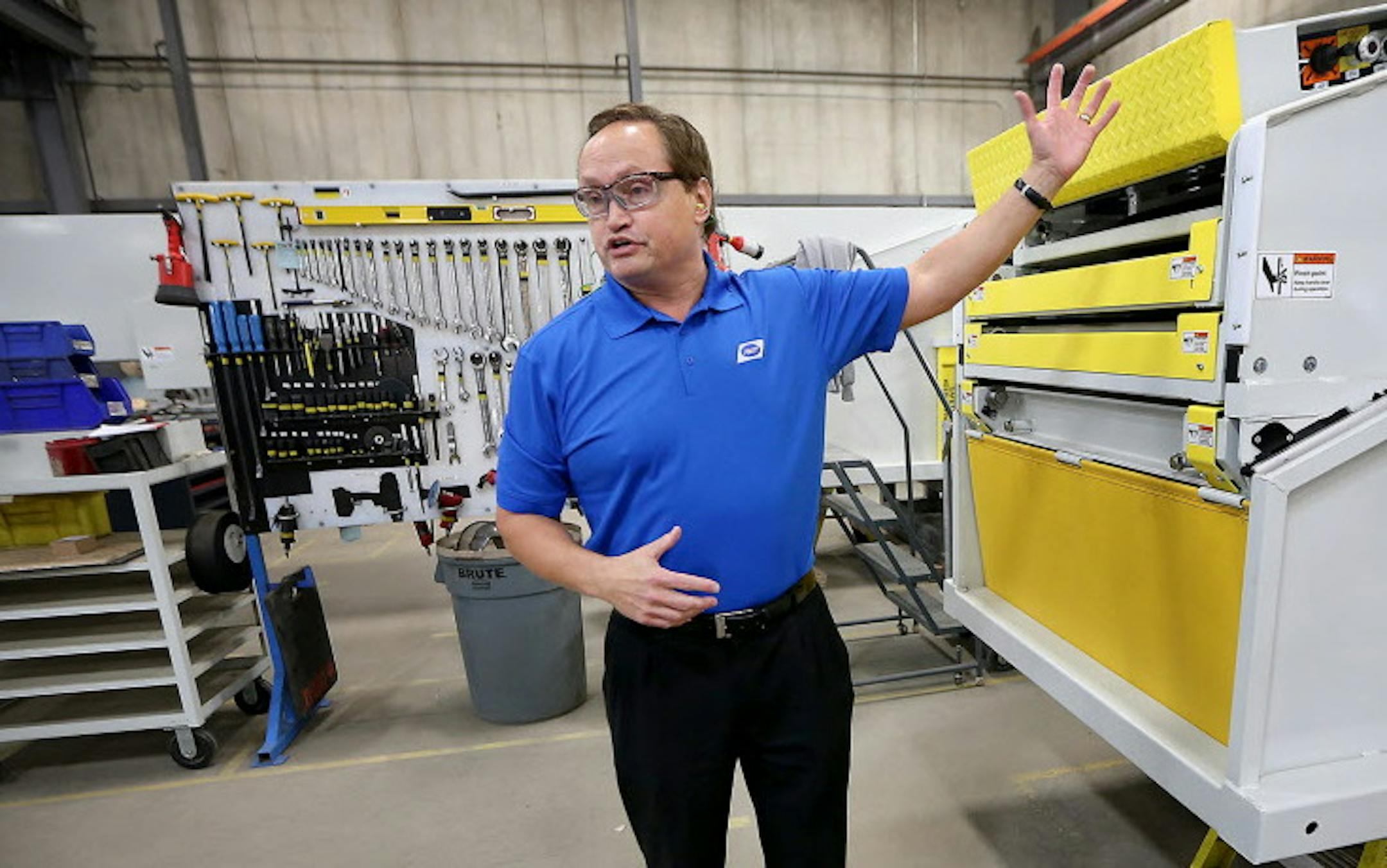 Dane Anderson, owner, president and CEO of Fast Global Solutions (formerly WASP Inc.), showed how they produce massive expandable conveyer systems, Wednesday, April 6, 2016 in Glenwood, MN. ] (ELIZABETH FLORES/STAR TRIBUNE) ELIZABETH FLORES • eflores@startribune.com