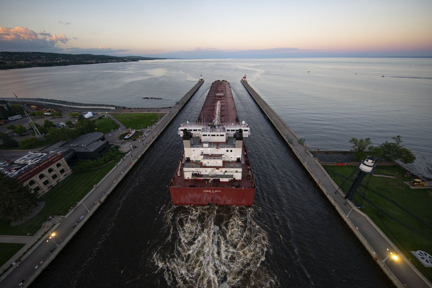 The Edwin H Gott passed under the Aerial Lift Bridge in Duluth on Tuesday evening as it began its journey on Lake Superior to the Canadian port of Nanticoke, which sits on Lake Erie. ] ALEX KORMANN • alex.kormann@startribune.com Despite a rebound this summer, cargo moving through the Duluth port is down 30% compared to last year. Ships passed under the Duluth Aerial Lift Bridge on Tuesday evening.