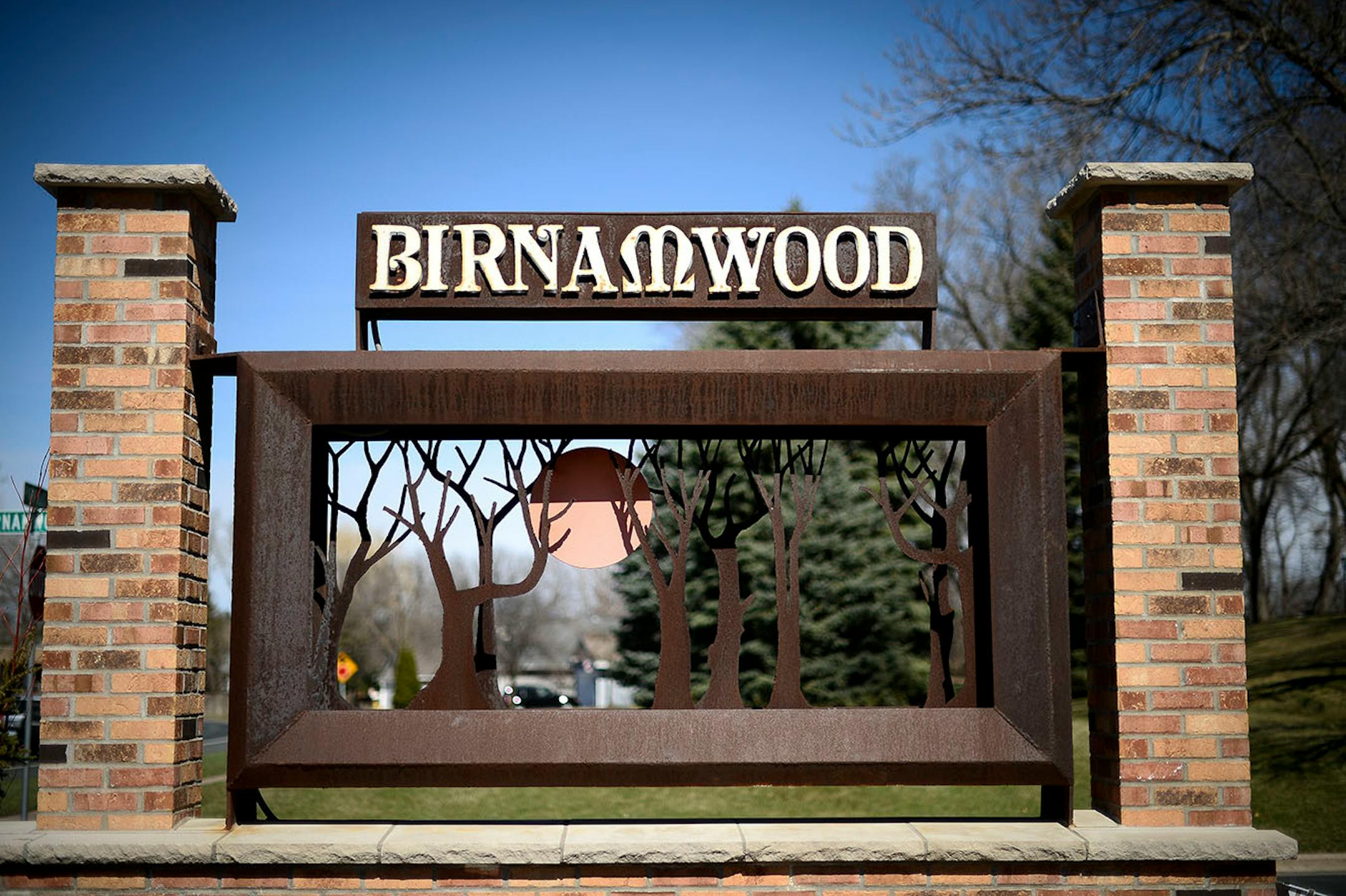 The entrance sign to the Birnamwood neighborhood as seen from along from Parkwood Drive in Burnsville.