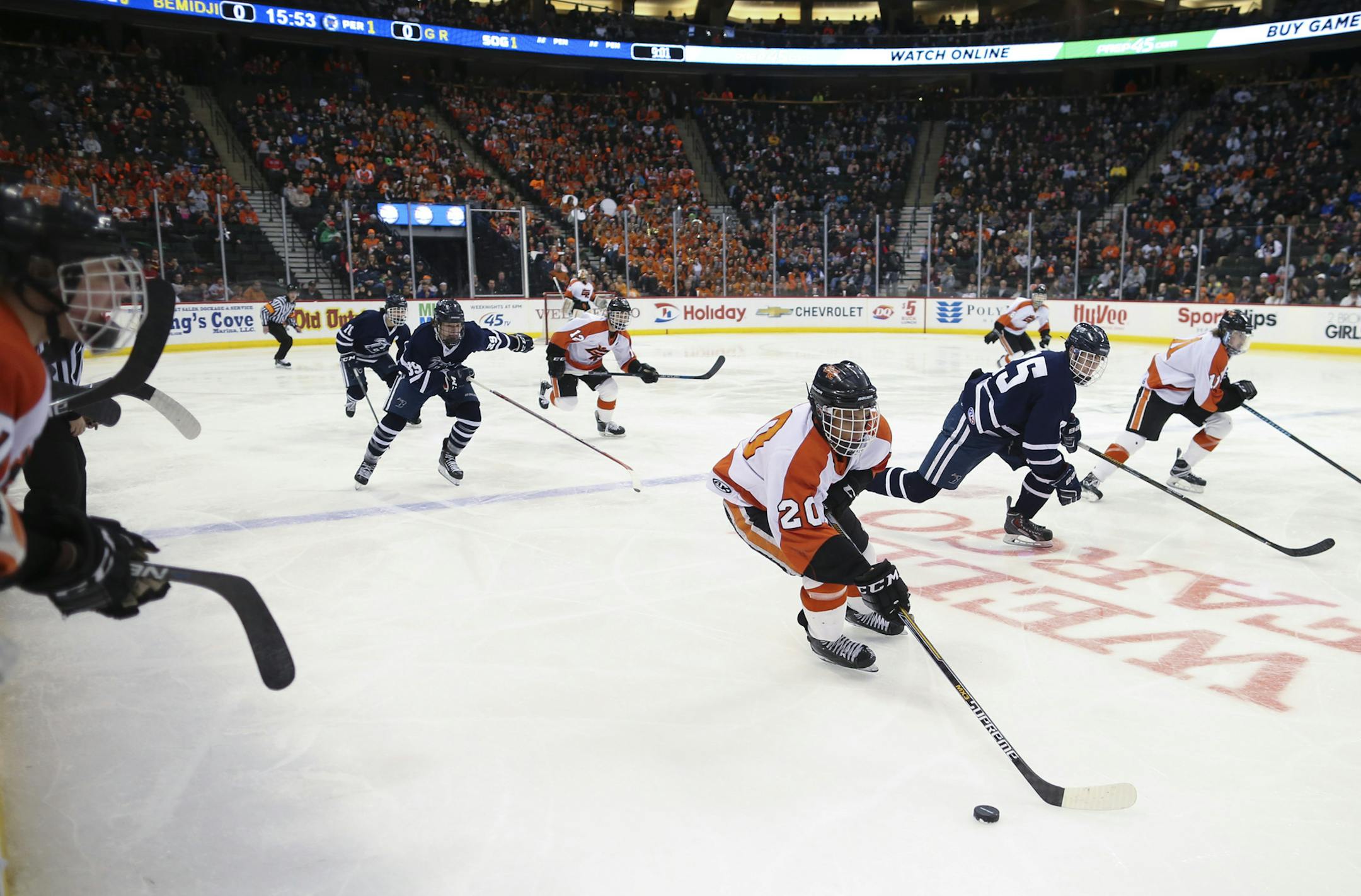 Grand Rapids' Micah Miller broke with the puck across center ice in the first period Thursday night. ] JEFF WHEELER ï jeff.wheeler@startribune.com Bemidji and Grand Rapids faced off in a quarterfinal game of the Class AA Boy's State Hockey Tournament Thursday night at Xcel Energy Center in St. Paul.