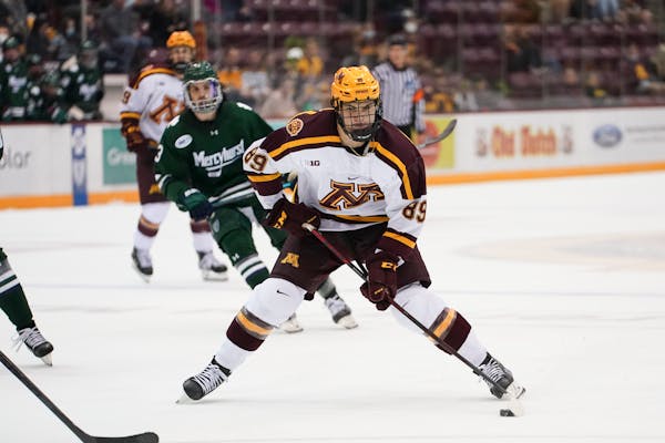 Matthew Knies, shown here vs. Mercyhurst earlier this season, scored twice Saturday but Minnesota could not come out on top.