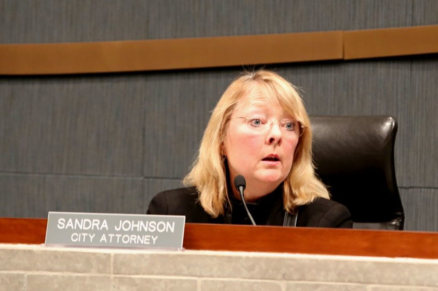 Bloomington city attorney Sandra Johnson explained the law behind the potential charges on some of the protesters at the Mall of America Black Lives Matter demonstration in December, before public comments on the matter on Monday, January 5, 2014 in Bloomington, Minn.