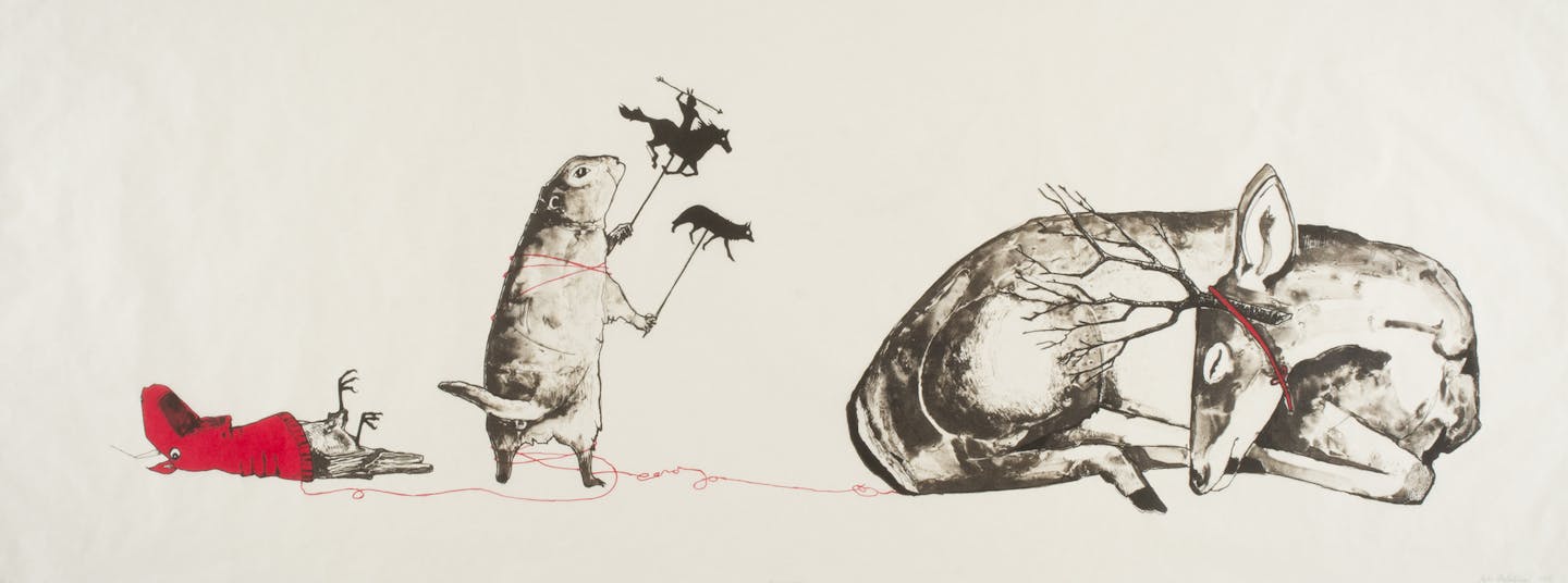 Highpoint Printmaking Julie Buffalohead, Entwined, Lithograph, 2014. Image credit: David Kern