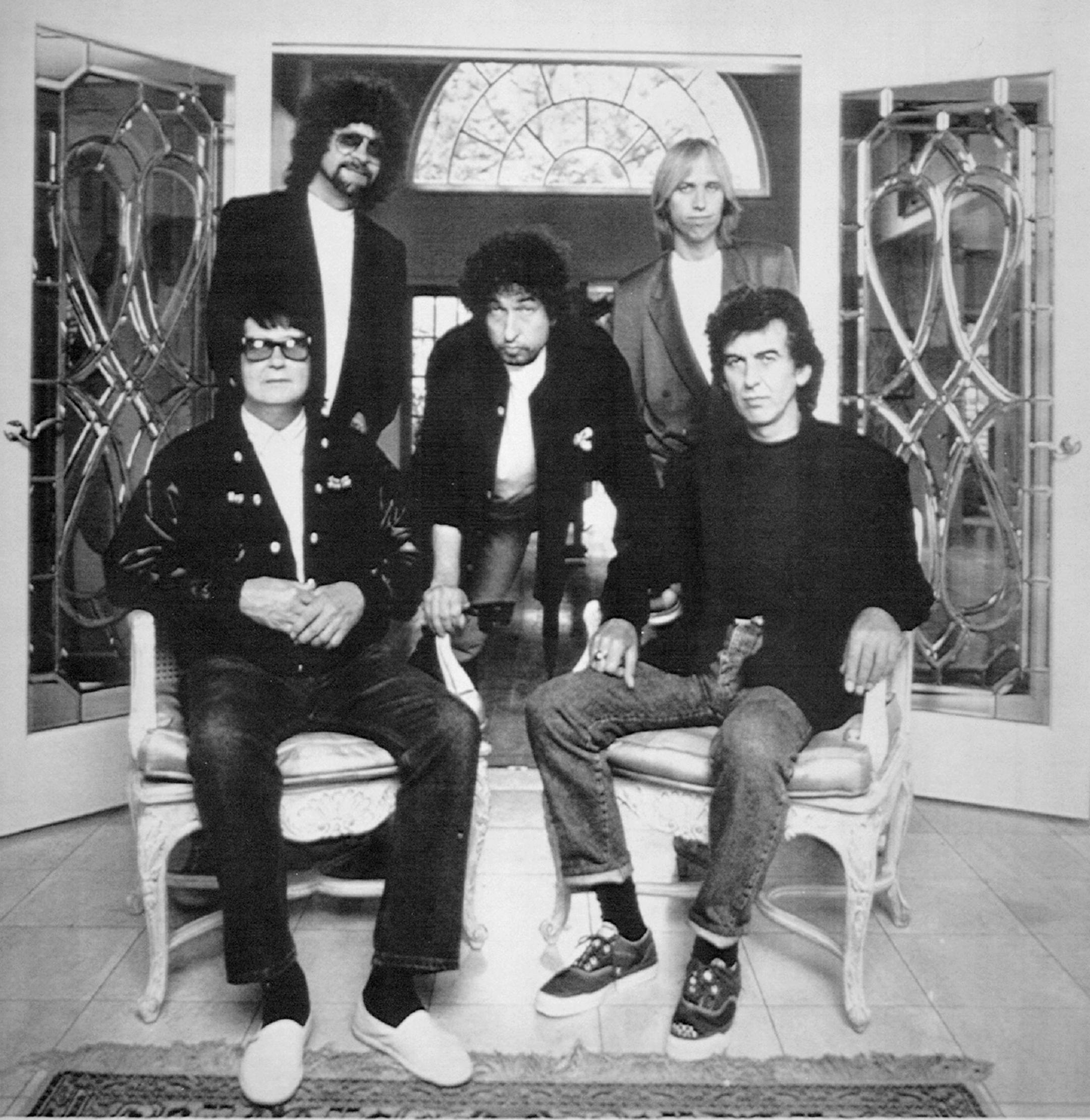 December 7, 1988 Members of the the "Traveling Wilburys," Bob Dylan, Center. George Harrison, seated right, Jeff Lynne, standing left, and Tom Petty, standing right in this recent undated file photo.